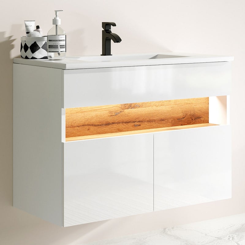 Szafka łazienkowa wisząca z oświetleniem LED i umywalką wpuszczaną w blat - Biały i naturalny ciemny - szer. 80 cm - POZEGA