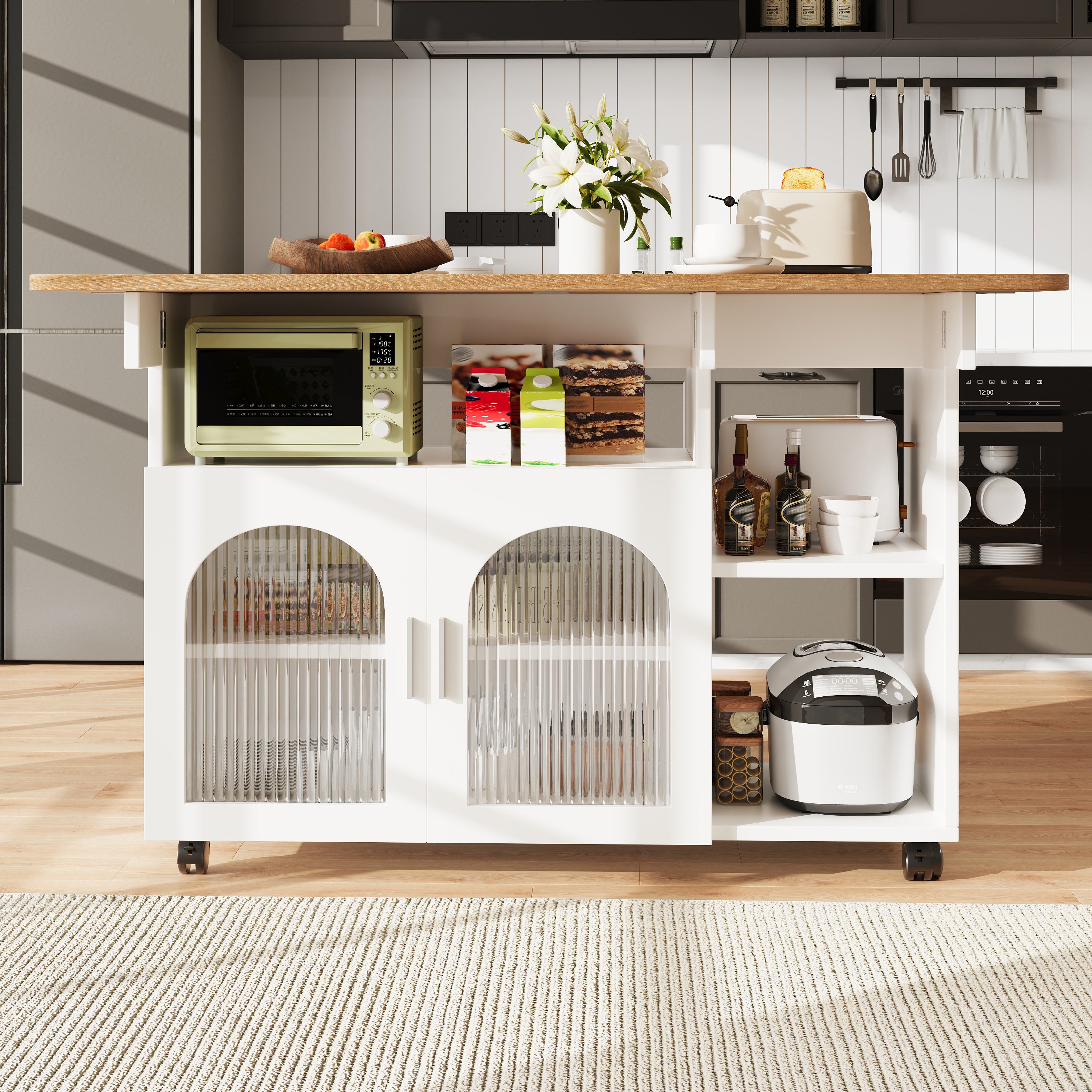 Îlot de cuisine 120x30x79,5 cm, desserte de cuisine avec rangements, buffet, table de salle à manger multifonction, MDF, blanc - 2