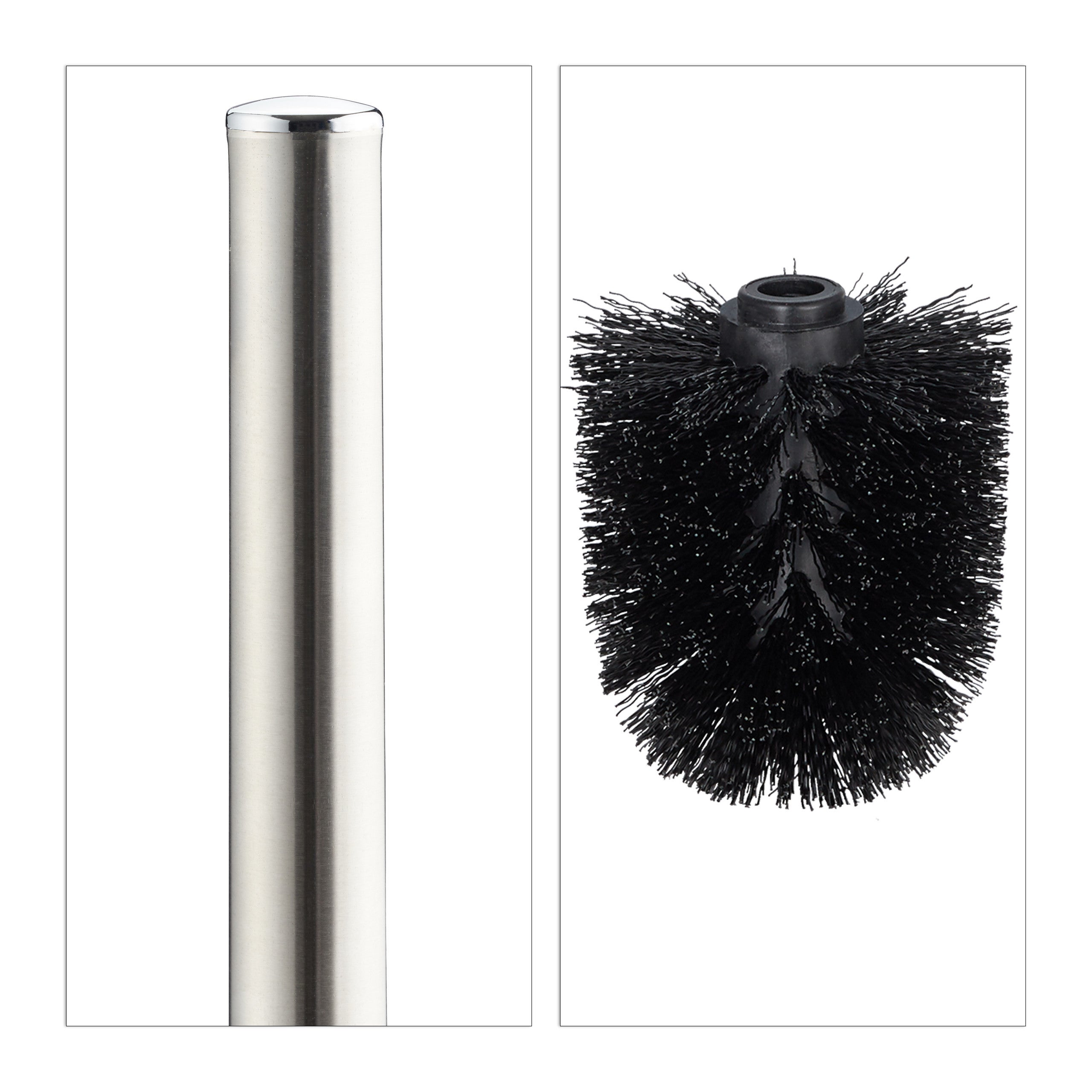 2x Porte brosses WC céramique avec brosse WC et tête changeable poignée en métal rond 36 cm, noir - 6
