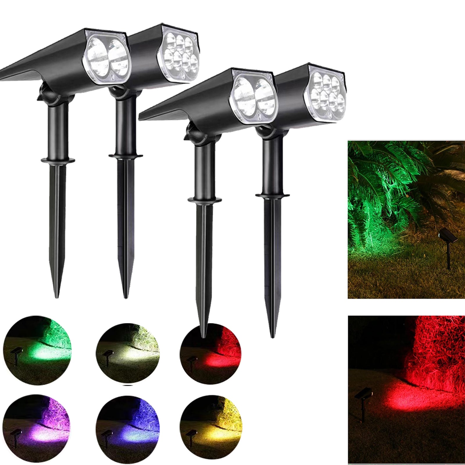 Zewnętrzne lampy solarne do ogrodu, zestaw 4 zewnętrznych lamp solarnych, regulowany kąt świecenia 150°, wodoodporność IP65, kolor RGB