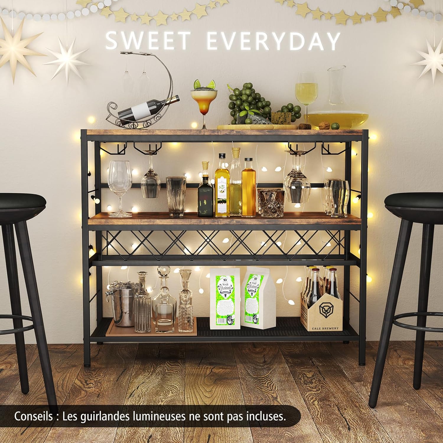 Mobile Portabottiglie di Vino e Calici da Terra, Scaffale Porta Vino su 3 Ripiani con Supporti per Bicchieri e Bottiglie, Tavolo Porta Vino da - 2