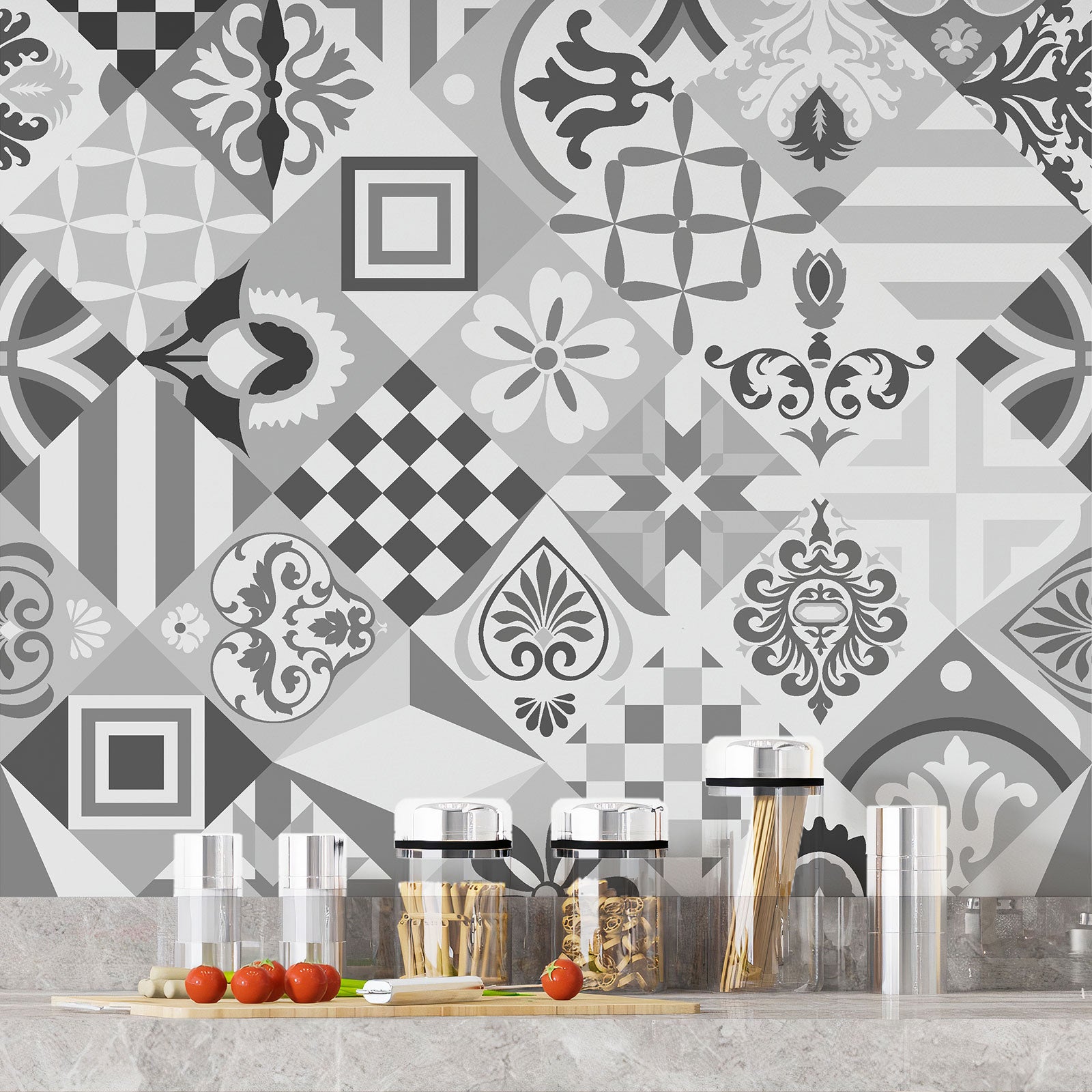 Crédence adhésive sticker décoratif pour cuisine - Effet carreaux de ciment - Adhésif BRILLANT - 60x60 cm - 4