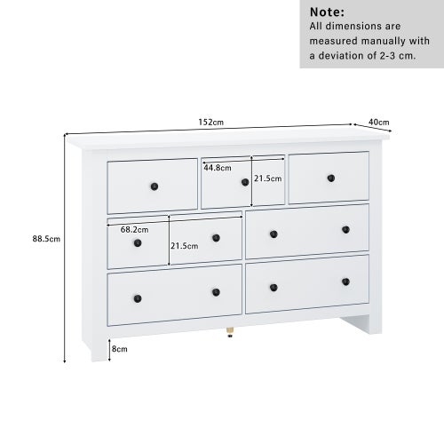 Commode 152x40x88.5 cm avec 7 tiroirs, espace de rangement, en MDF, couleur blanche - 4