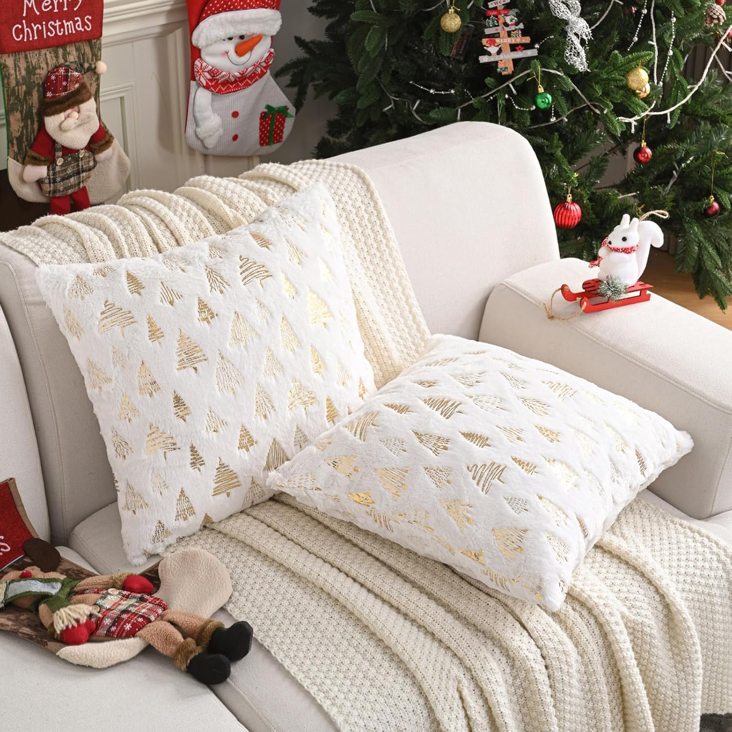 Lot De 2 Housses De Coussin De Noël - Motif Sapin Bleu, Taille 45 X 45 Cm, Tissu Peluche Doux, Lavable En Machine - 3
