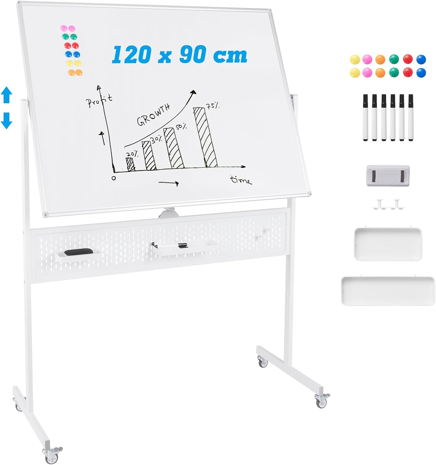 Pizarra blanca magnética 120 x 90 cm, pizarra blanca grande doble cara, ruedas bloqueables, giro 360°, altura ajustable, panel perforado y acc