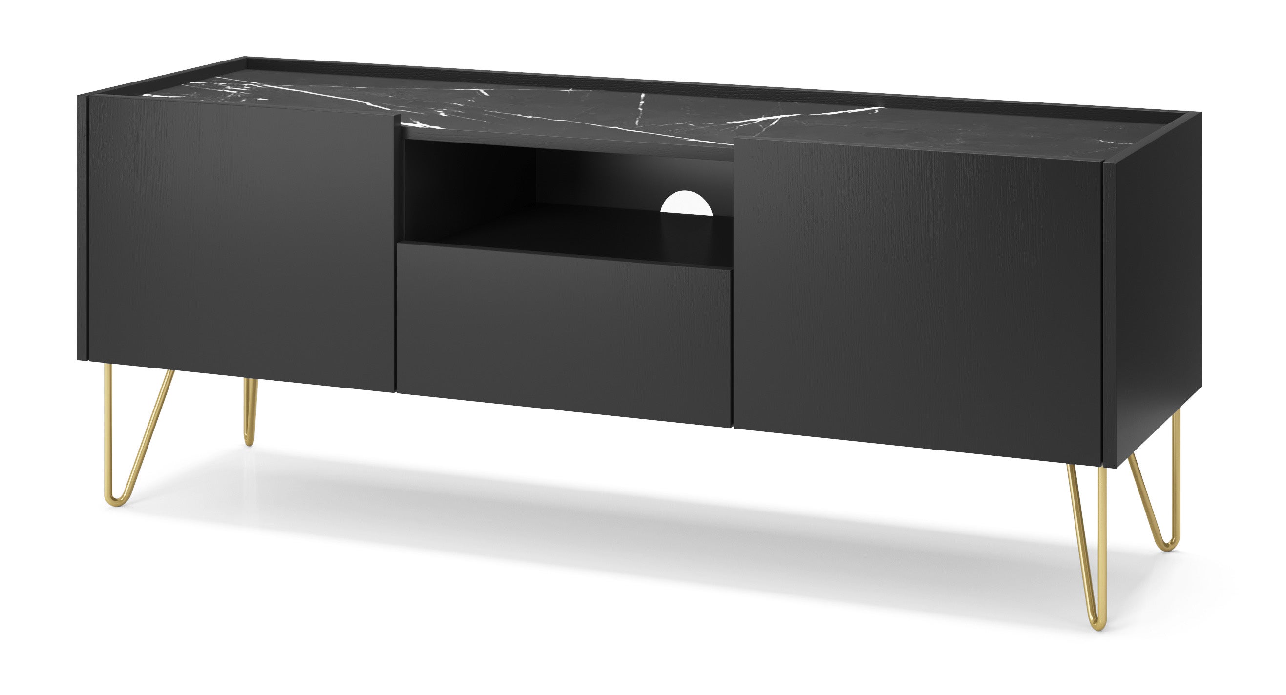 Szafka RTV: grafitowy czarny / czarny marmur, 144 x 55 x 37 cm