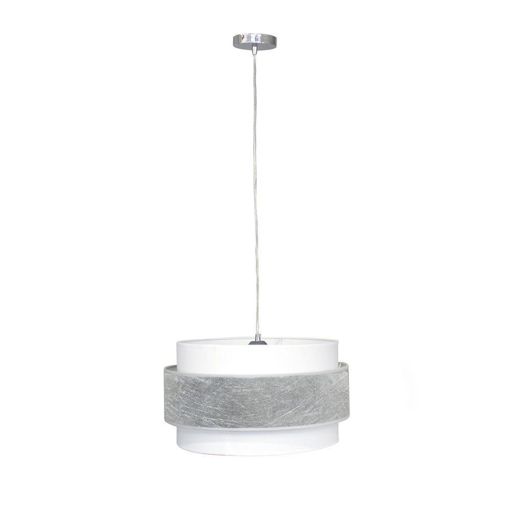 Lampa wisząca Medina z potrójnym okrągłym abażurem z białego lnu i srebrnym środkowym paskiem tkaniny II ø40 cm