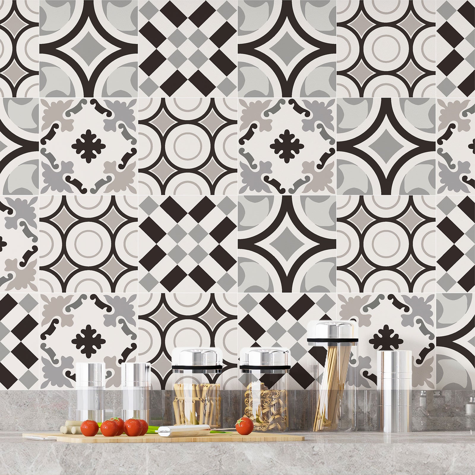 Crédence adhésive sticker pour cuisine - Effet carreaux de ciment - Adhésif BRILLANT - 60x90 cm - 4