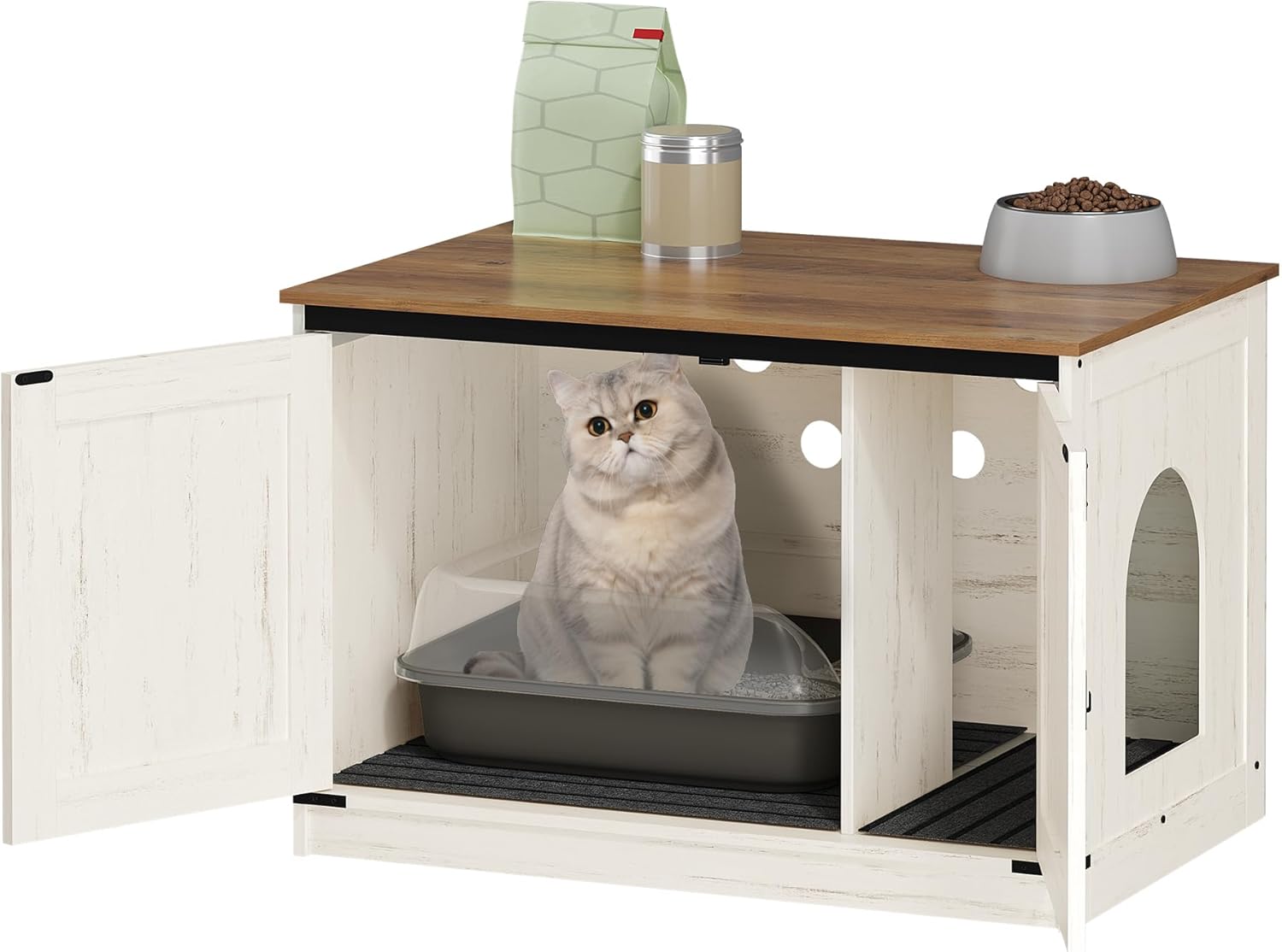 Caixa de areia para gatos, armário para areia com divisória amovível, casota para gatos, entrada reversível (esquerda ou direita), castanho e branco. - 2