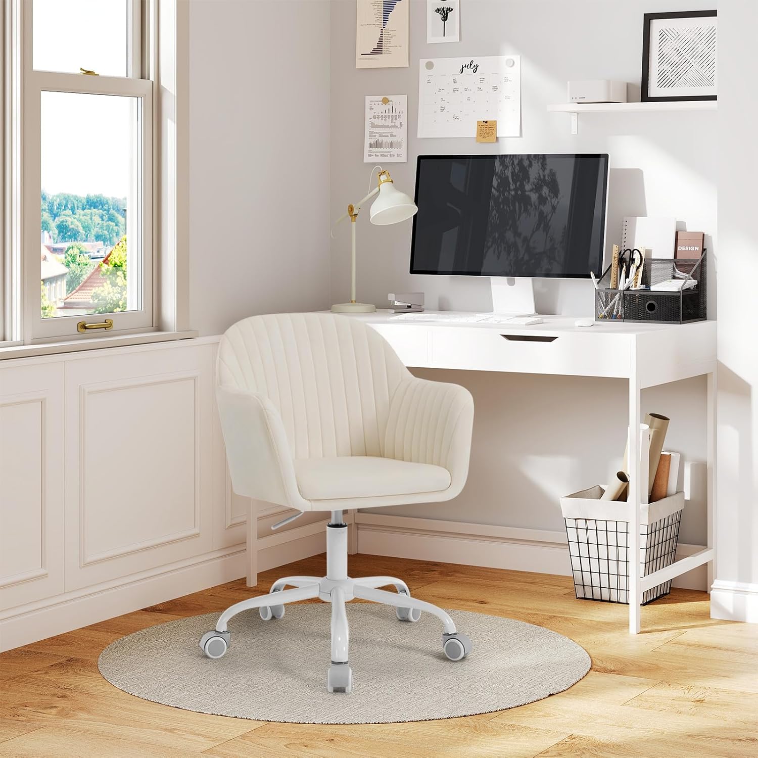 Chaise Bureau Velours WOLTU, Chaise Coiffeuse Réglable en Hauteur, Fauteuil de Bureau Ergonomique, Fauteuil Pivotant, Beige - 2