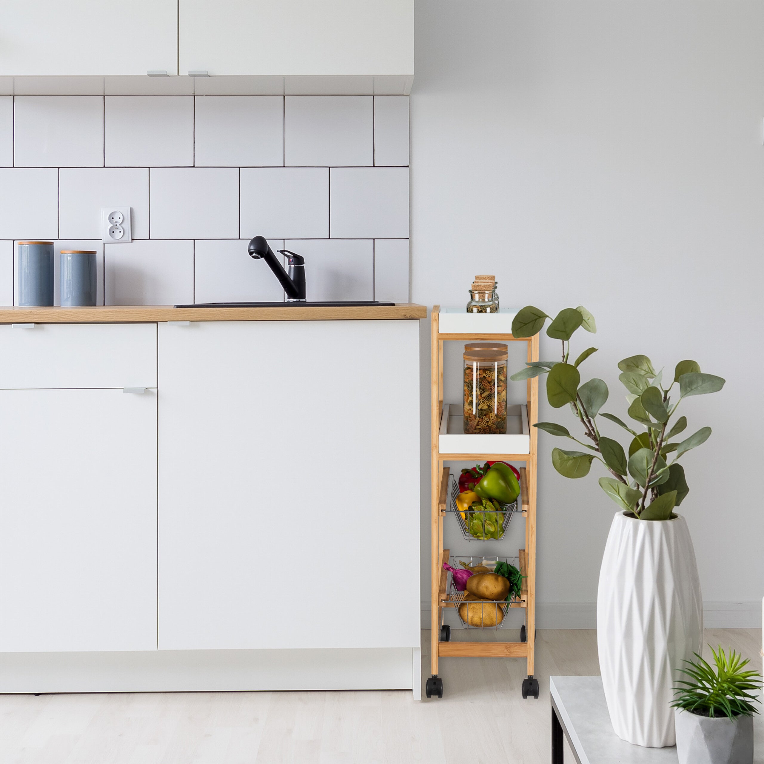Carrito de Cocina, 4 Niveles, Carro Camarera Estrecho, 83 x 22 x 40 cm, Bambú, con Ruedas, Natural y Blanco, Relaxdays - 2