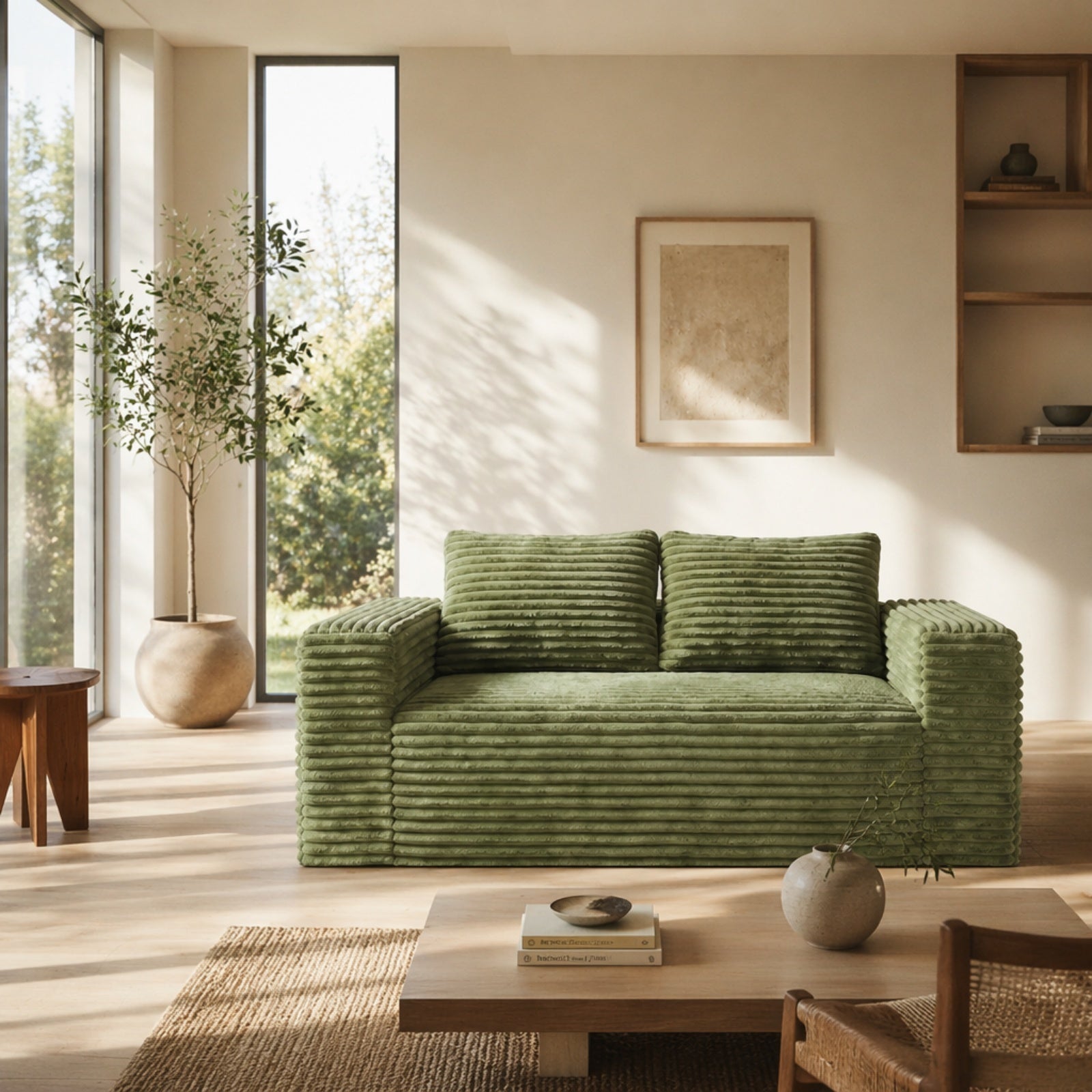 Canapé 2 places sans cadre, assise profonde, velours côtelé, sans montage, pour petit espace - Vert - 4