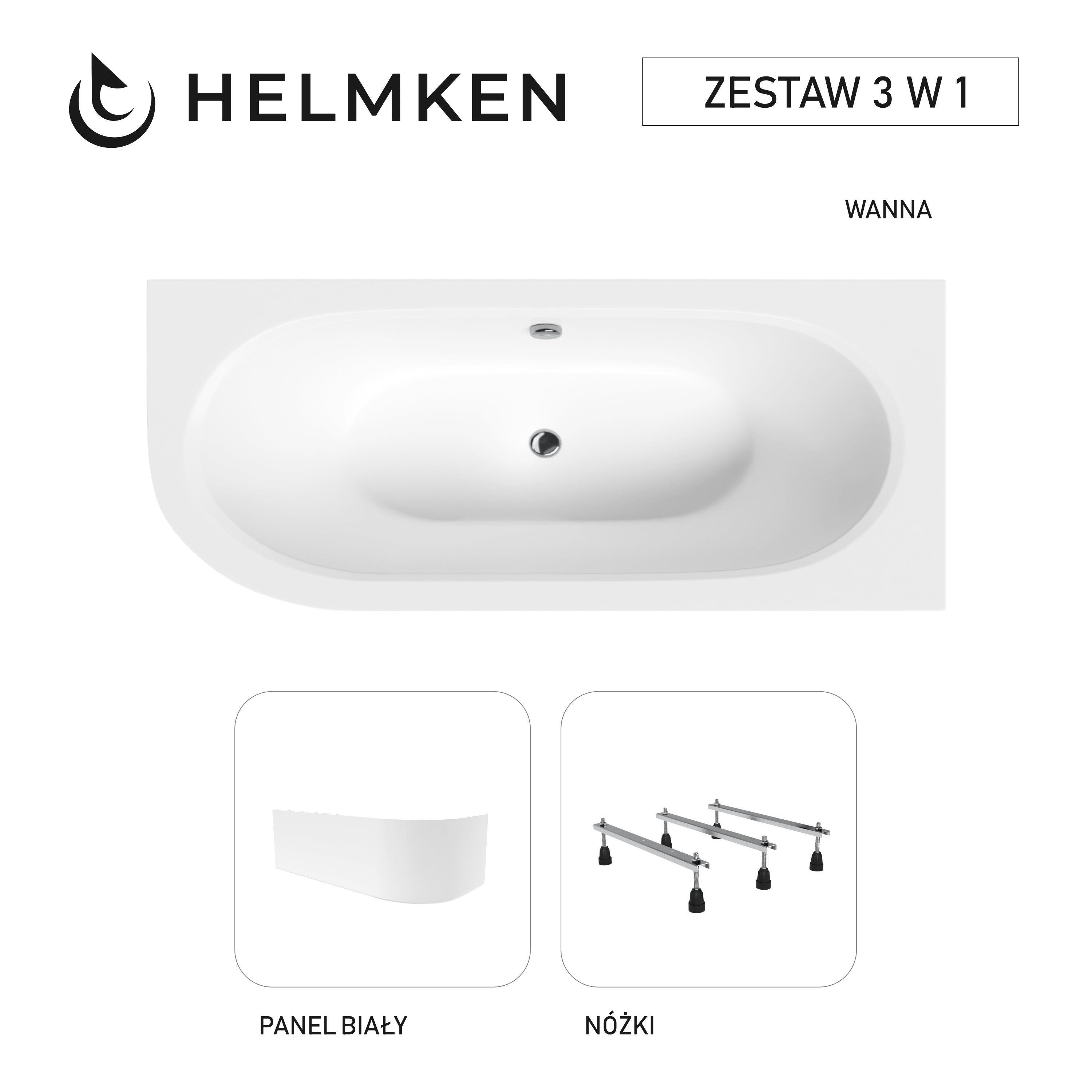 Wanna akrylowa Helmken Marbella Lux 180 x 80 Prawa + Panel biały + Nóżki / 23092007Z