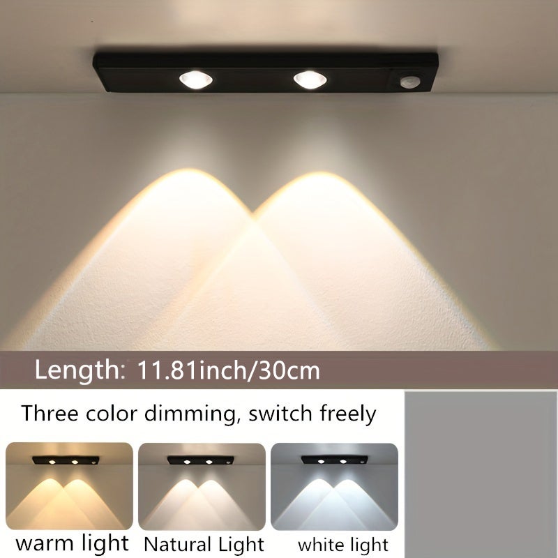 Magnetyczna listwa świetlna LED o długości 30 cm z czujnikiem ruchu, ściemniacz 3-kolorowy, do kuchni, szafy, kampera i sypialni