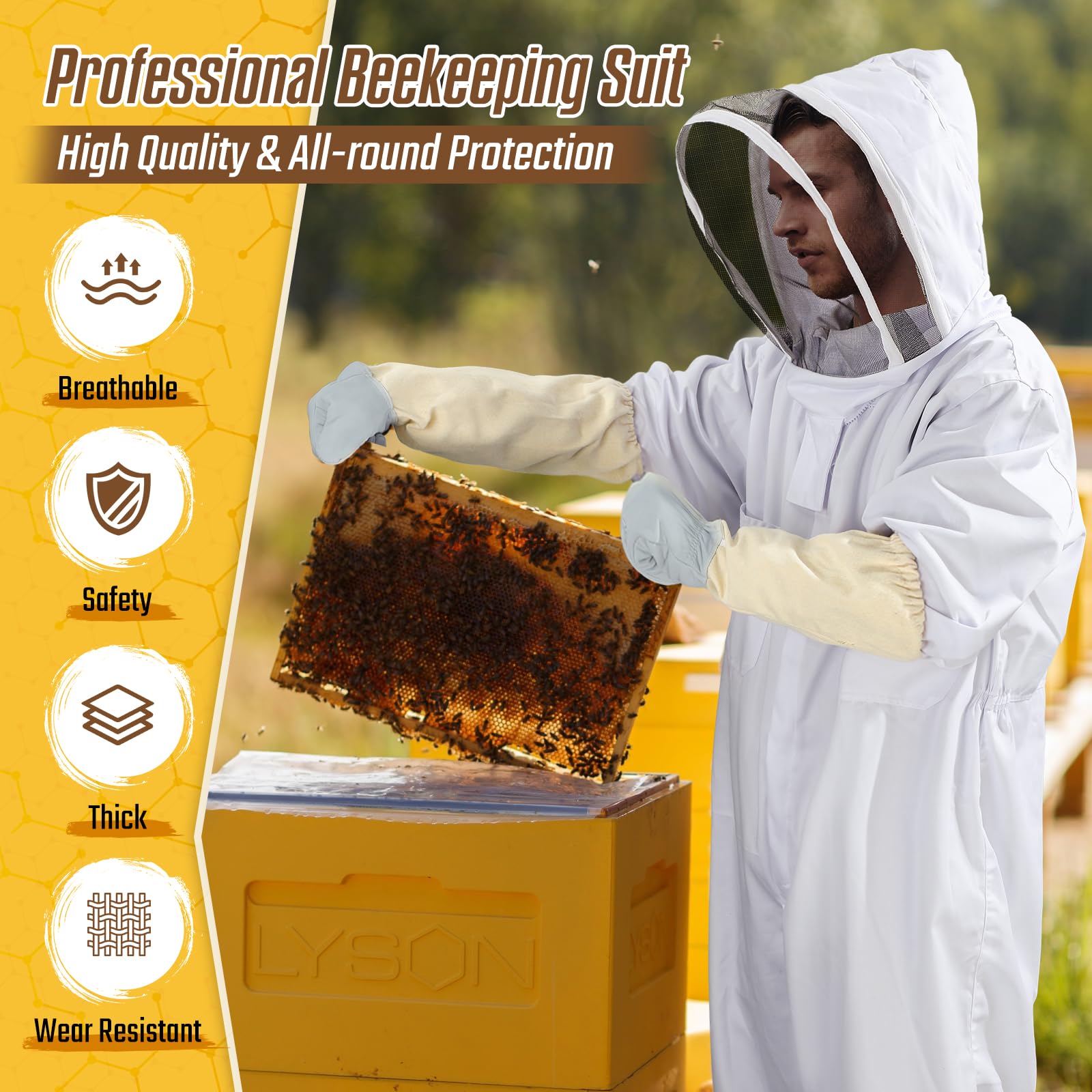 Combinaison apiculture tout corps avec capuche et voile, manteau protection apiculteur en coton, costume apicole anti-guêpes (XL) - 2