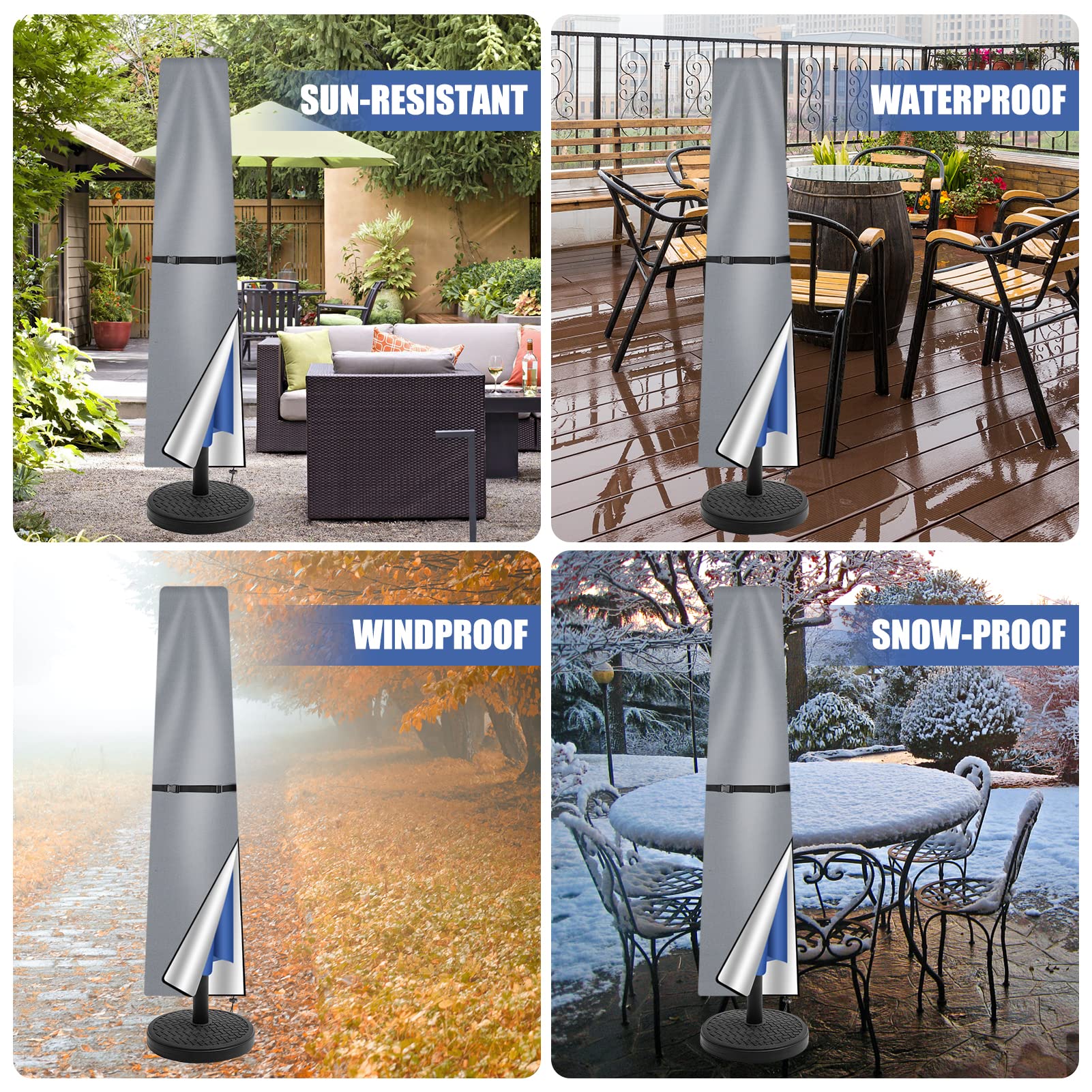Housse de protection pour parasol de jardin de 2 à 3 m avec fermeture éclair et mât, imperméable et résistante, grise - 6