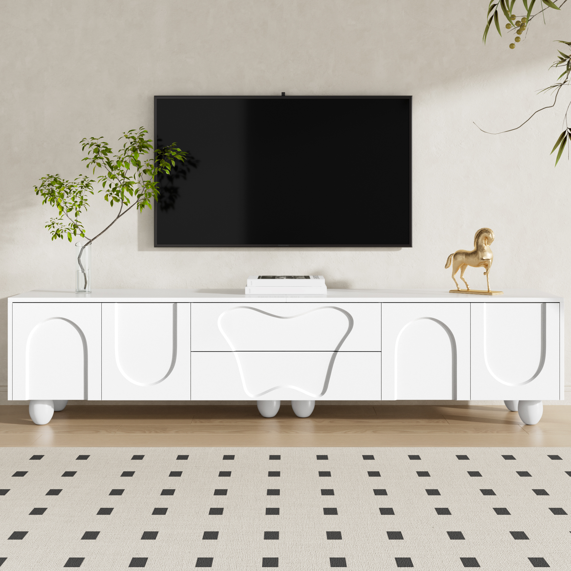 Szafa pod TV 180x40x42 cm - 2 szuflady i 4 drzwi - nogi z litego drewna - płyta wiórowa - biały