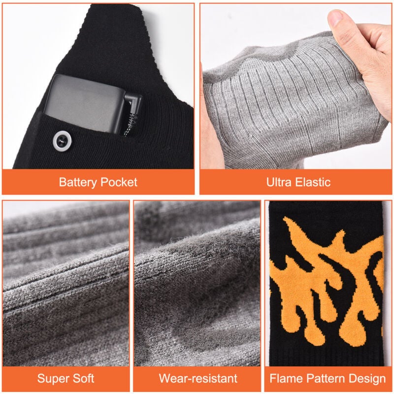 Chaussettes chauffantes rechargeables pour hommes et femmes, alimentées par une batterie 5V 5000mAh, lavables, chaussettes chauffantes , gris - 3