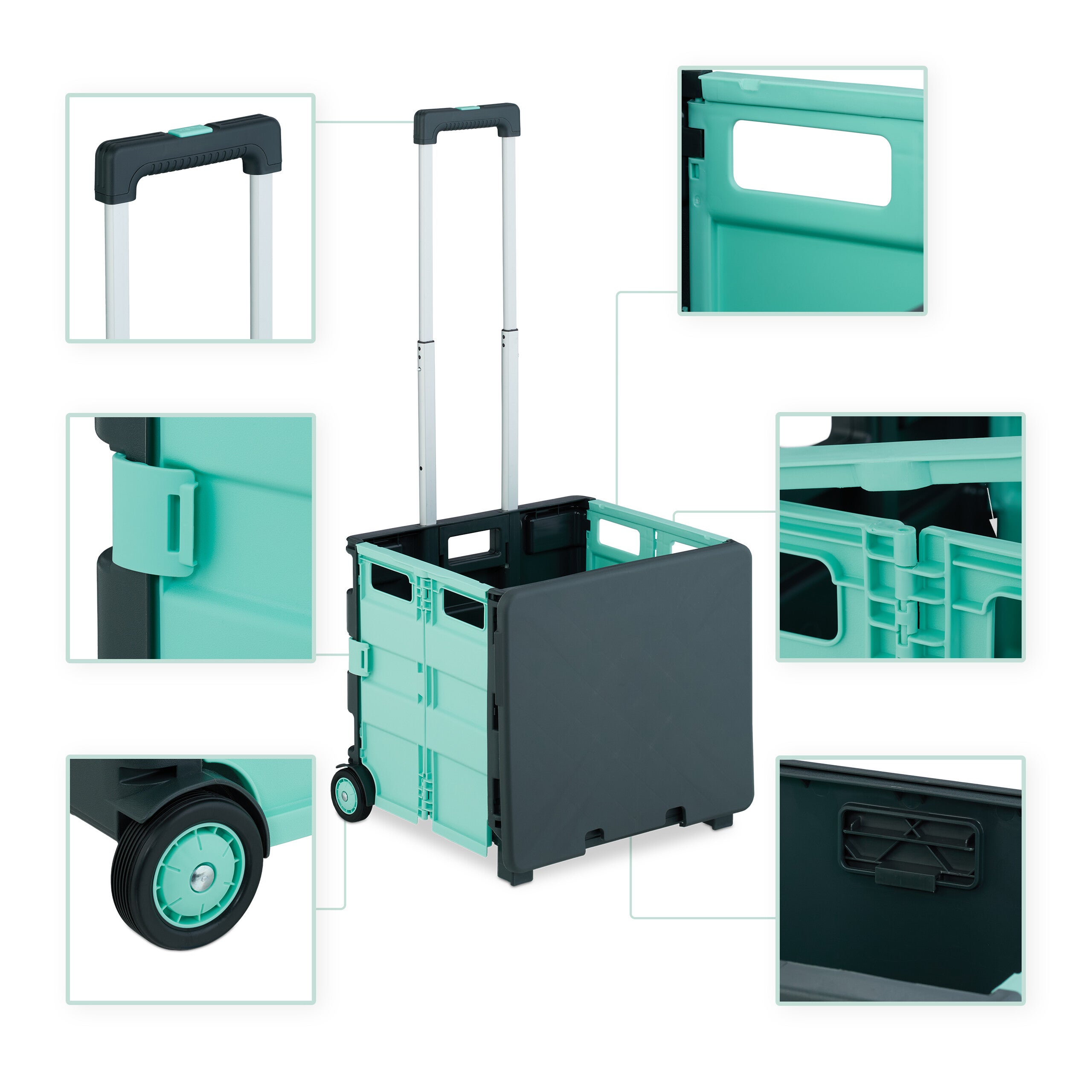 Relaxdays Chariot de courses pliable, avec couvercle, caisse sur roulettes, poignée, jusqu'à 35 kg, turquoise/gris - 3
