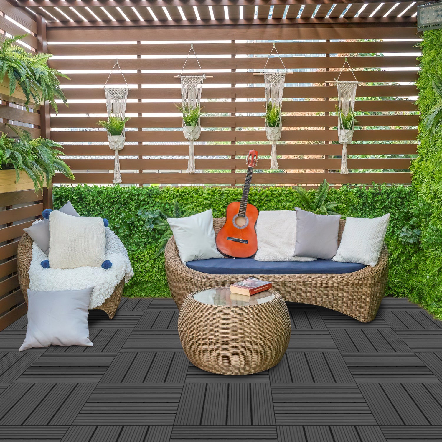Lot de 66 Dalles de terrasse 4 lattes 6 m², 30 x 30 cm, Dalles clipsables WPC Composite bois Anthracite - 6