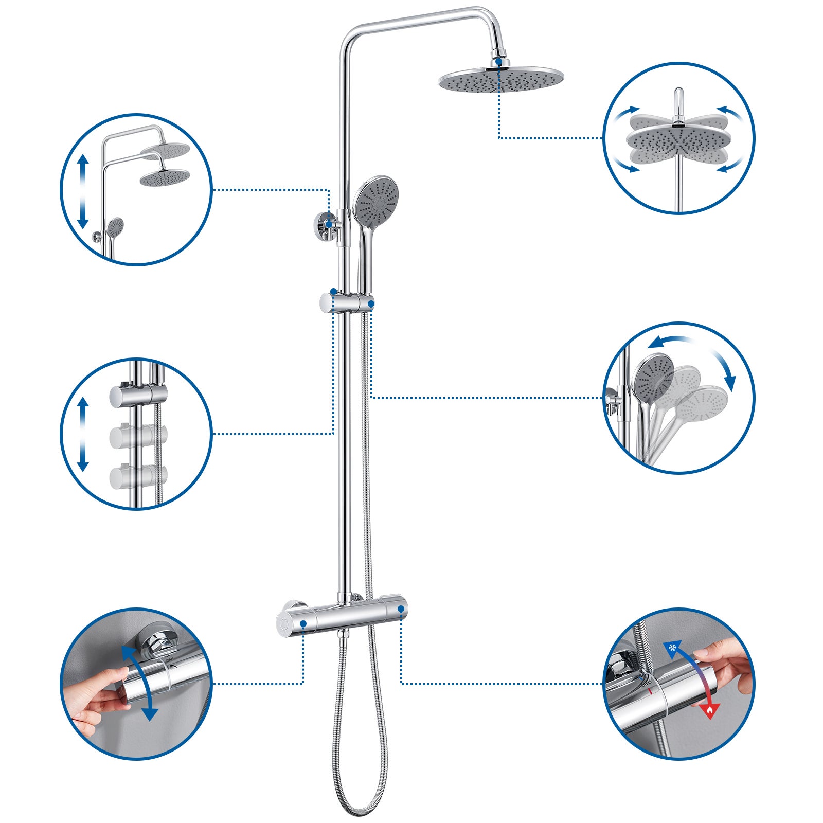 Colonne de Douche Thermostatique Chromé Ensemble Douche avec Douchette à Mains 3 Jets d'Eau Système Douche Thermostatique Hauteur Réglable,EU Modèle - 7