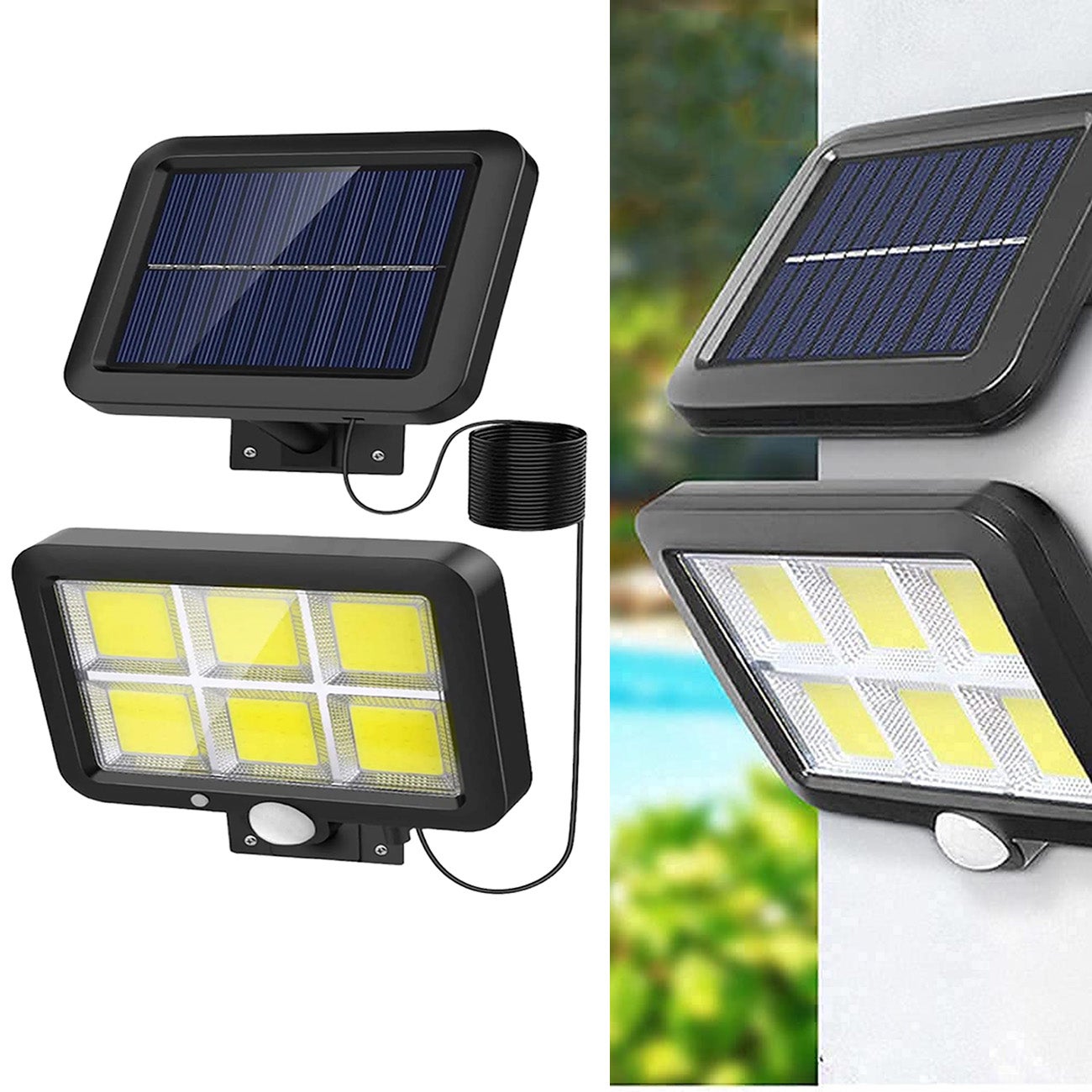 1 lampa solarna z czujnikiem ruchu, 3 tryby, 120 COB, wodoodporny solarny reflektor bezpieczeństwa do ogrodu i garażu (światło białe 6 000 K)