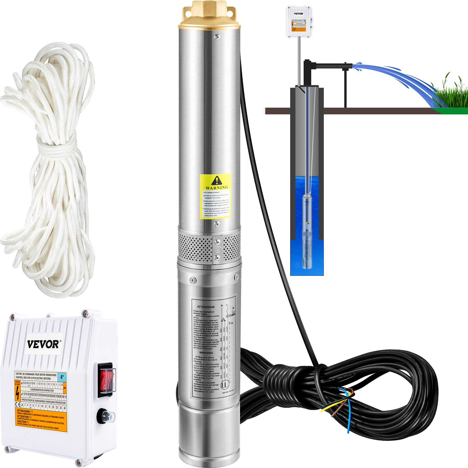 Pompa Głębinowa 1100 W VEVOR 11400 L/h Wysokość 57 m, Pompa do Wody ze Stali Nierdzewnej z Zewnętrzną Skrzynką Sterującą