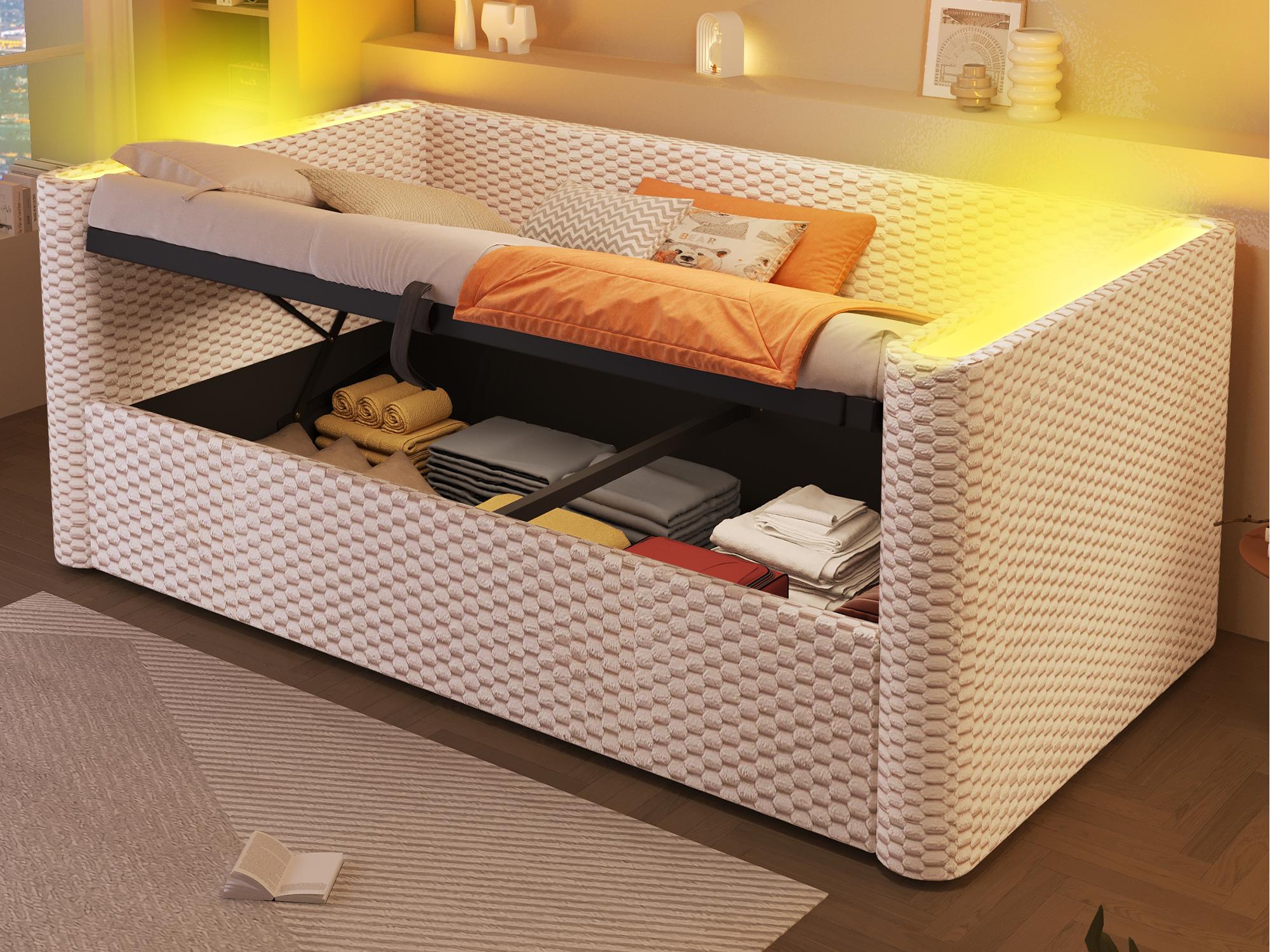 Rozkładana sofa z pojemnikiem 90x200 cm - z oświetleniem LED - stelaż lamelowy - welur - beżowy​ (materac nie jest wliczony w cenę)