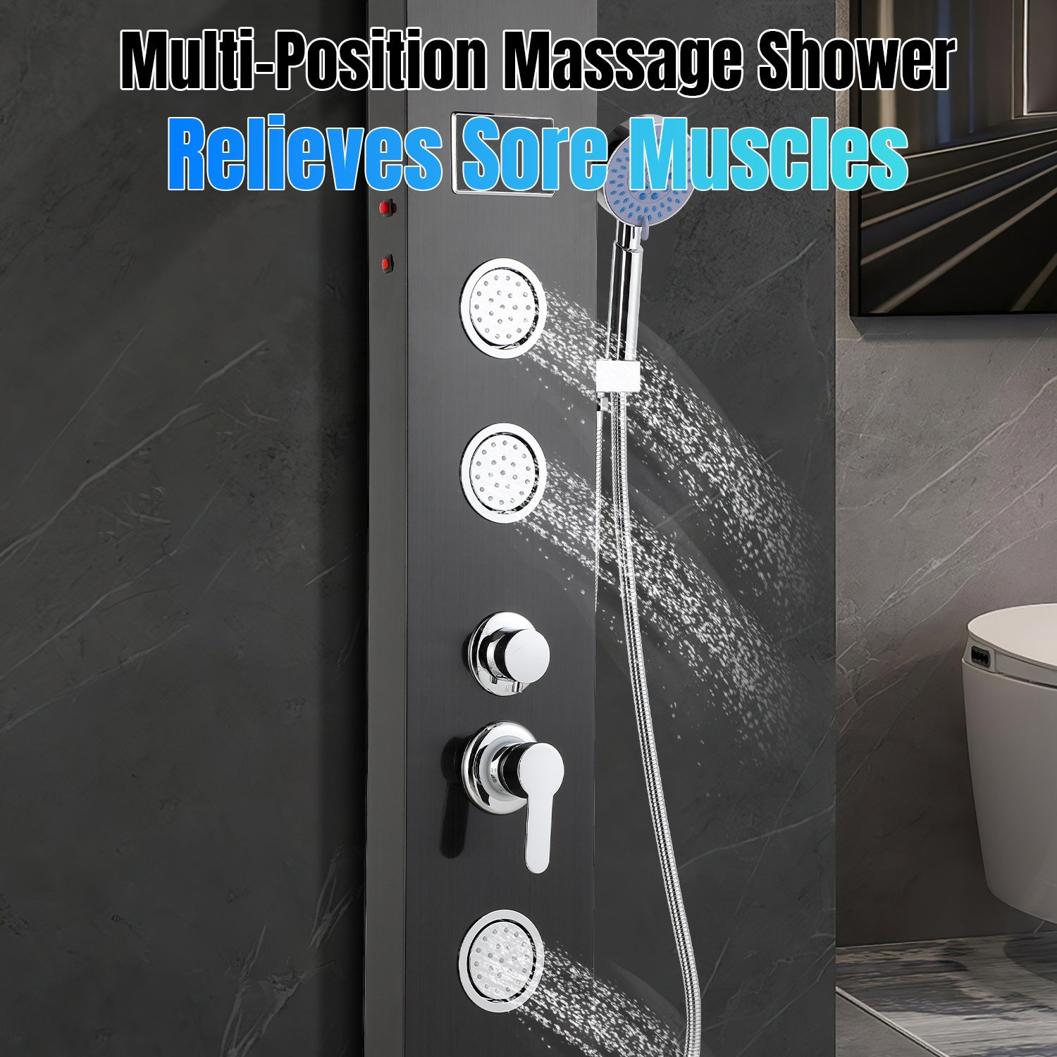 Panel de columna de ducha de hidromasaje con grifos, funciona 5 duchas a la vez, acero inoxidable 304, superficie de titanio negro - 5