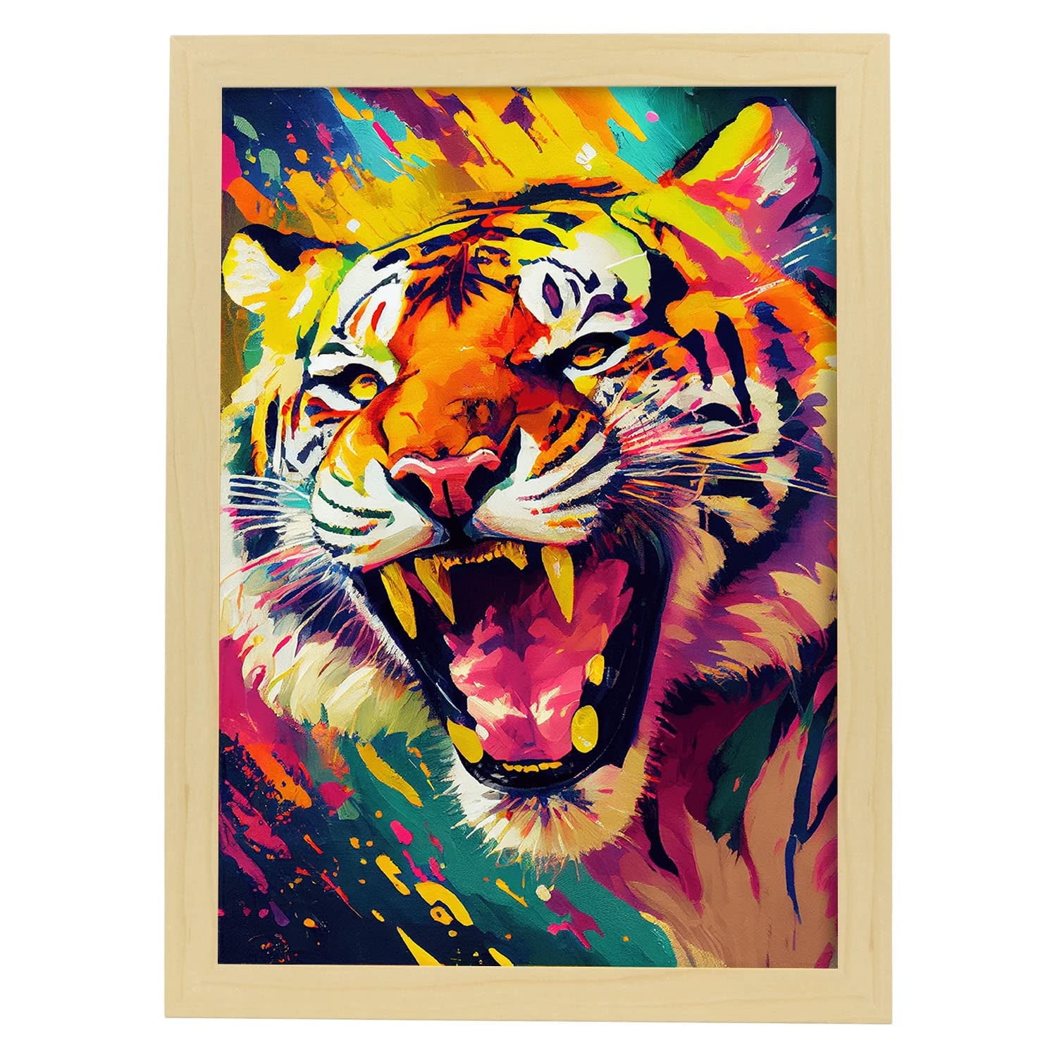 Nacnic poster de tigre estilo retrato coloridas ilustraciones de animales en acuarela impresiones artísticas modelo 2 a3 con marcos de madera clara