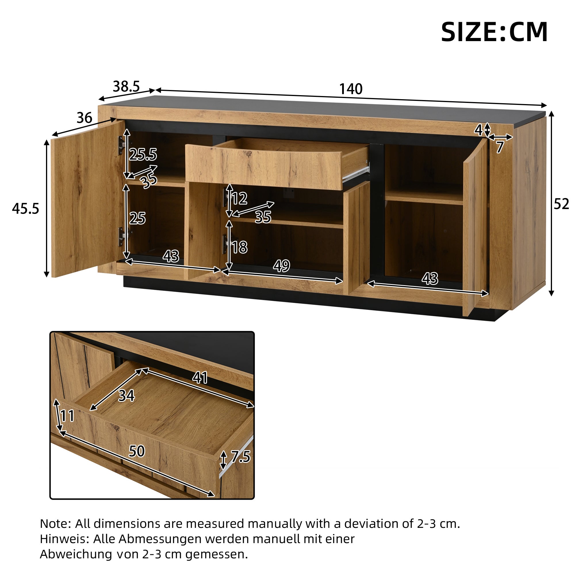 Buffet 140x38,5x52 cm - 4 portes et 1 tiroir - Commode 5 tiroirs - Finition bois - MDF - Naturel + Noir - 5