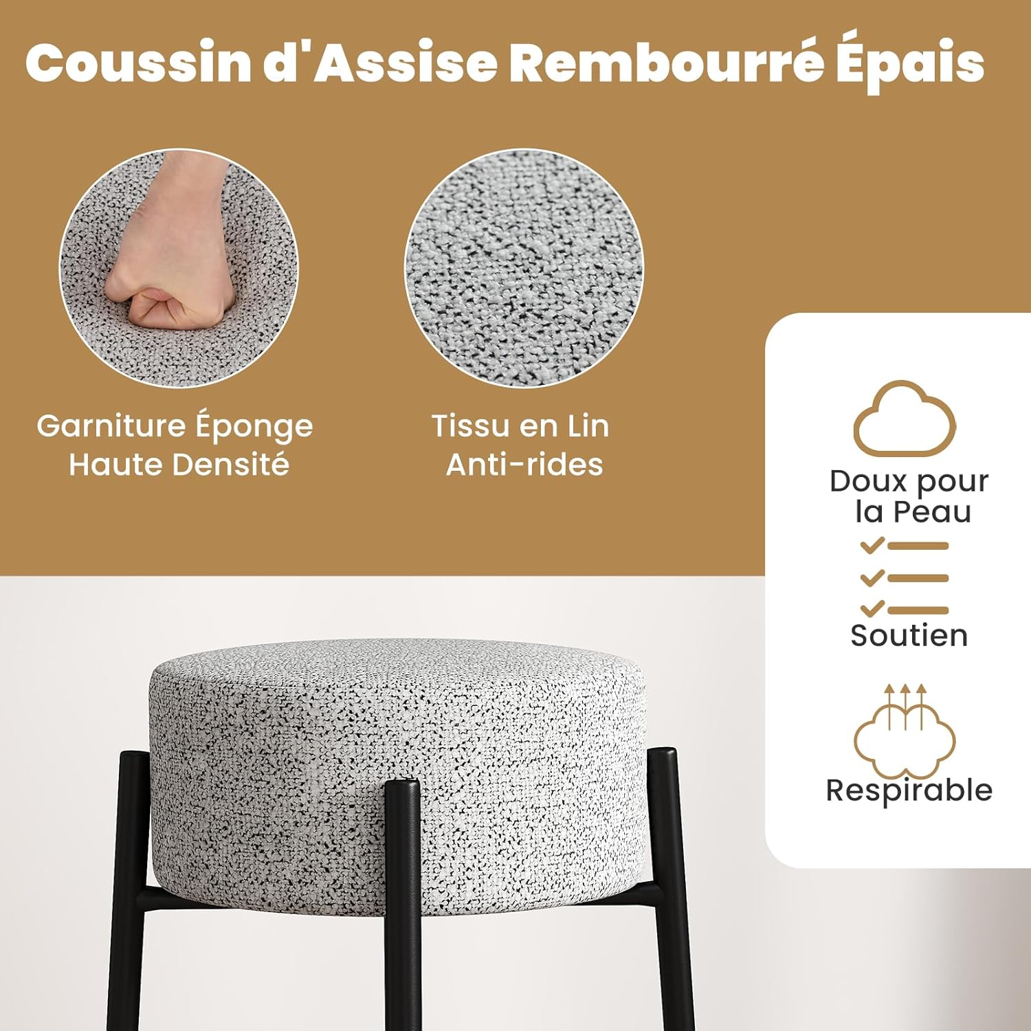 Banco de bar, cadeira de bar, assento redondo estofado, tecido de linho, apoio para os pés, banco para cozinha, sala de jantar, café, cinza - 5