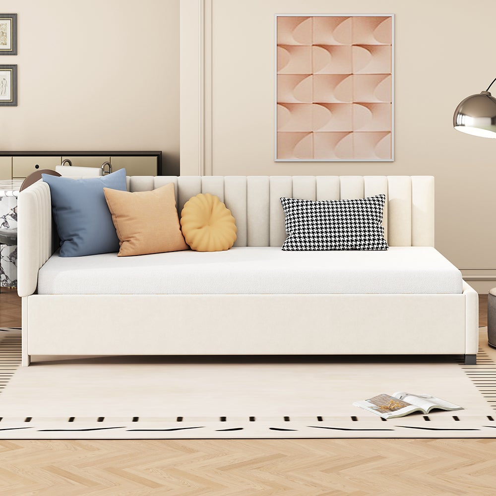 Lit adulte Lit gigogne Lit 90x200 avec sommier à lattes Canapé-lit pour le salon Tissu velours Beige - 6