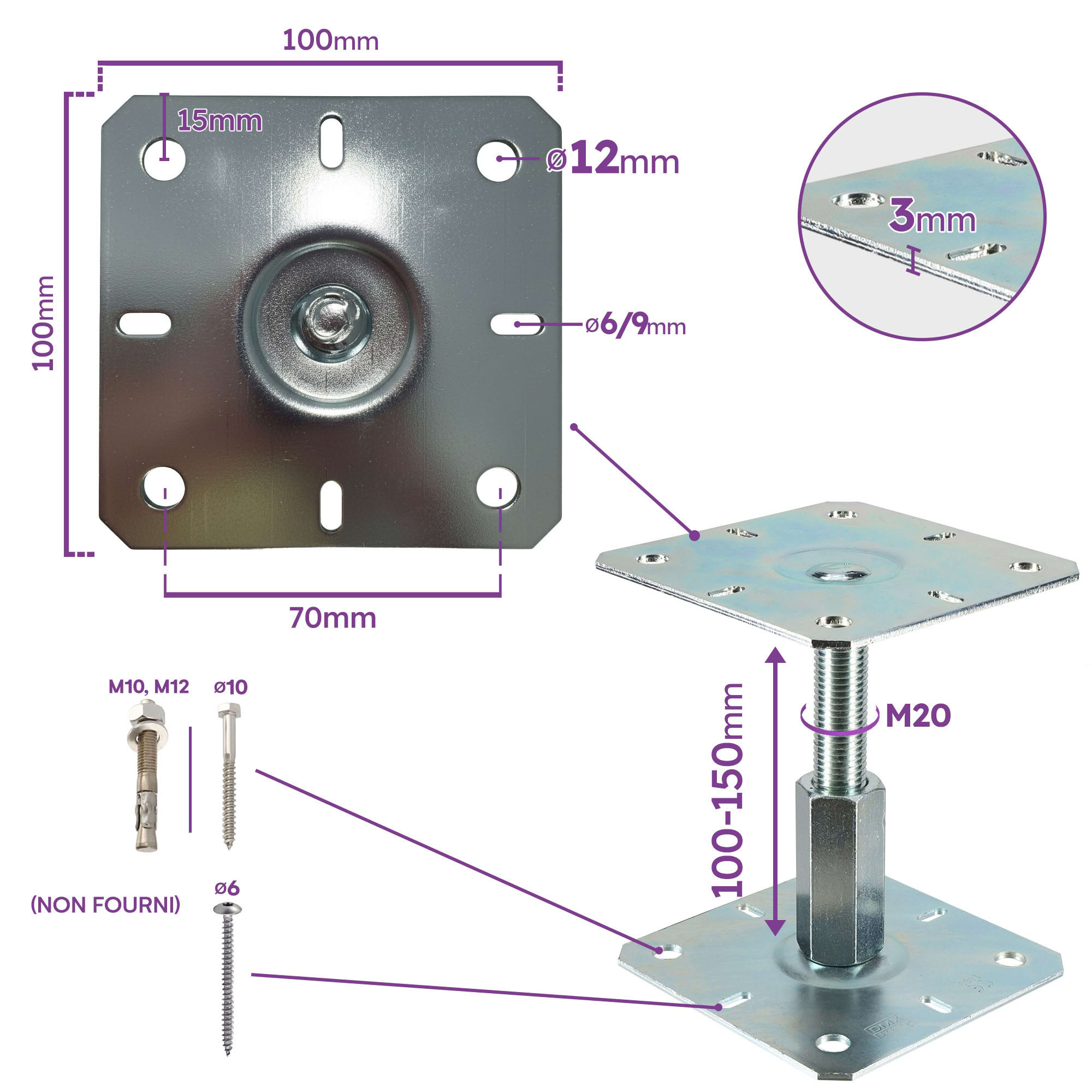 Embase pied de poteau carrée réglable - Platine 100x100 mm - Ht 100 à 150 mm - Acier galvanisé à chaud M20 - Fabrication Europe - 2