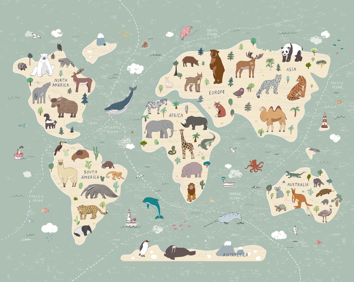 Fotomural mapa mundial para niños azul agrisado y beige - 3.5 x 2.79 m - sanders & sanders