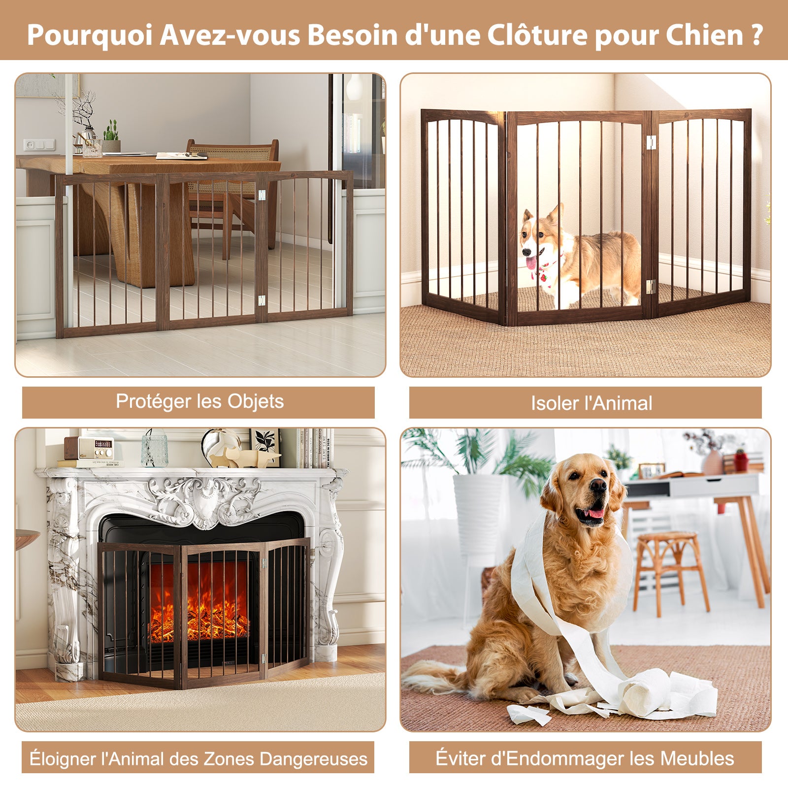 Barreira de segurança para cães, barreira dobrável para cães com 3 painéis, estrutura em madeira de abeto, dobradiças flexíveis, para escadas e salas - 6