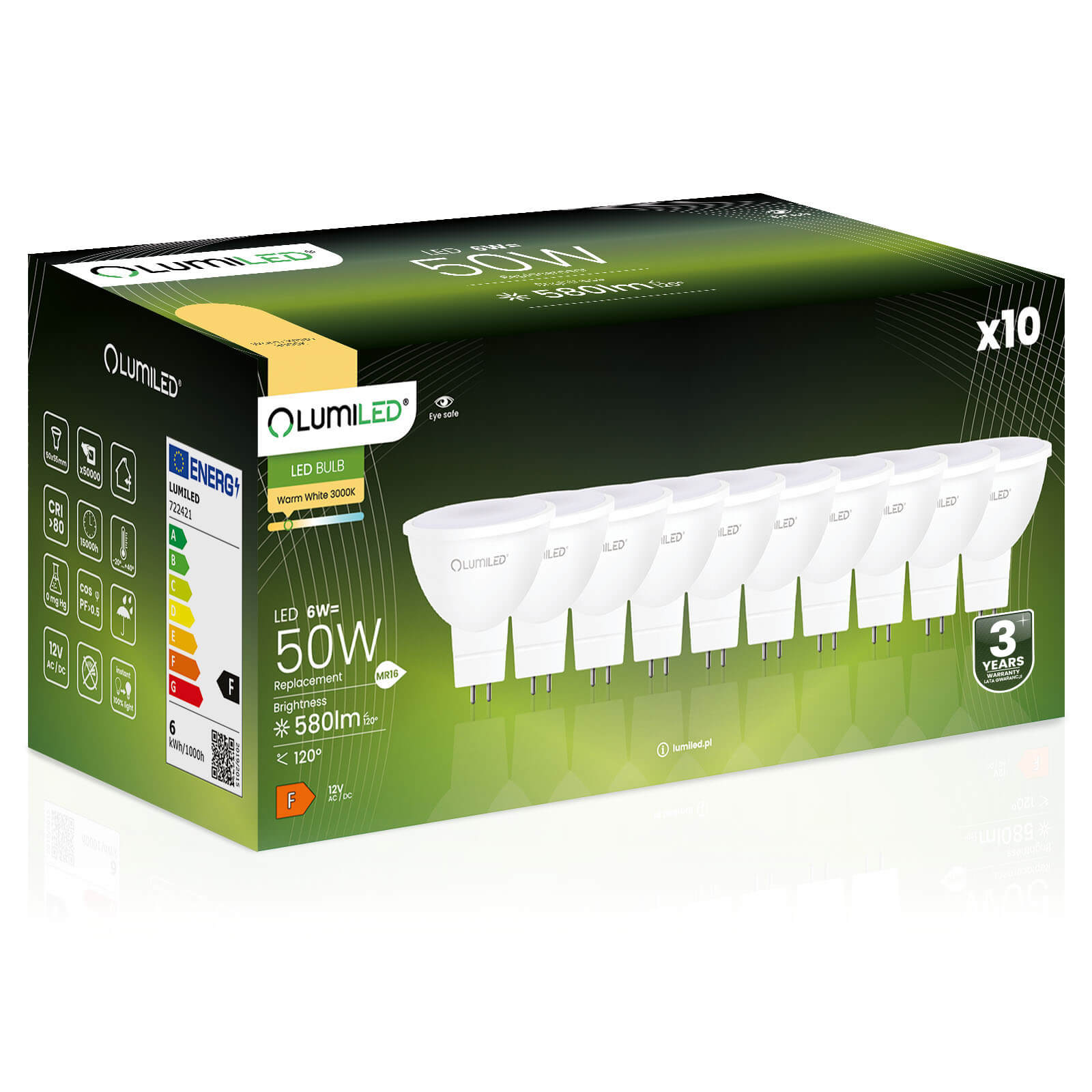 10x Żarówka Lumiled LED GU5.3 Reflektor MR16 6W = 50W 580lm 3000K Ciepła 120st 12V