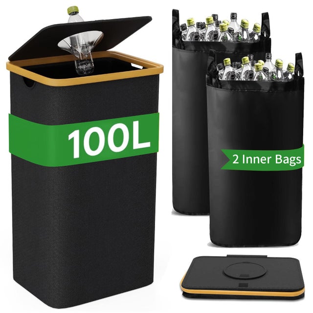 Poubelle Noire 100 Litres Avec Couvercle - Extérieur Résistant, Poignées Métalliques, Idéale Jardin Et Terrasse
