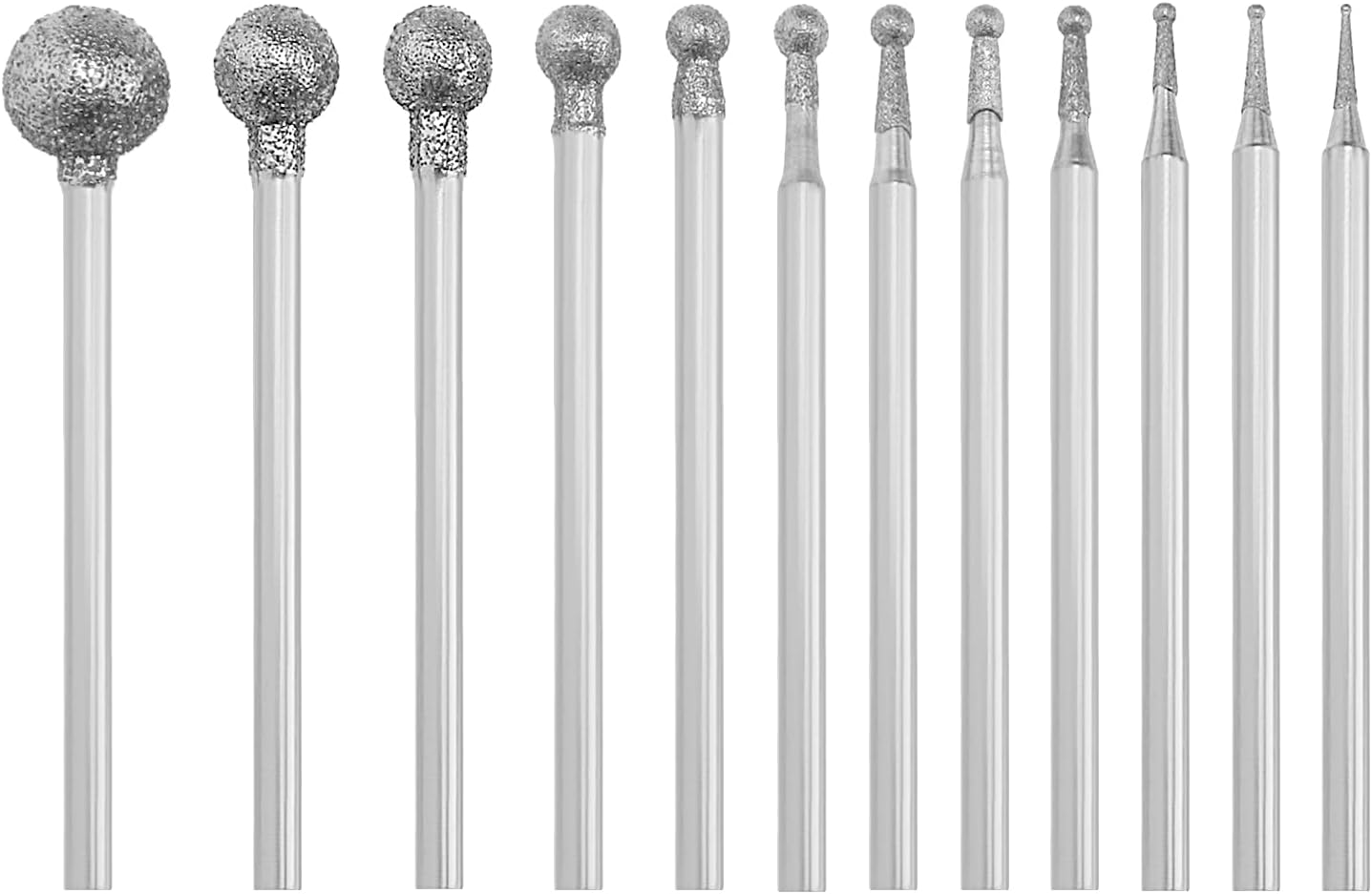 12 szt. okrągłych diamentowych frezów do rzeźbienia w kamieniu, głowica kulowa 0,5–8 mm, pasuje do uchwytu 3/32", kompatybilny z narzędziami obrotowym