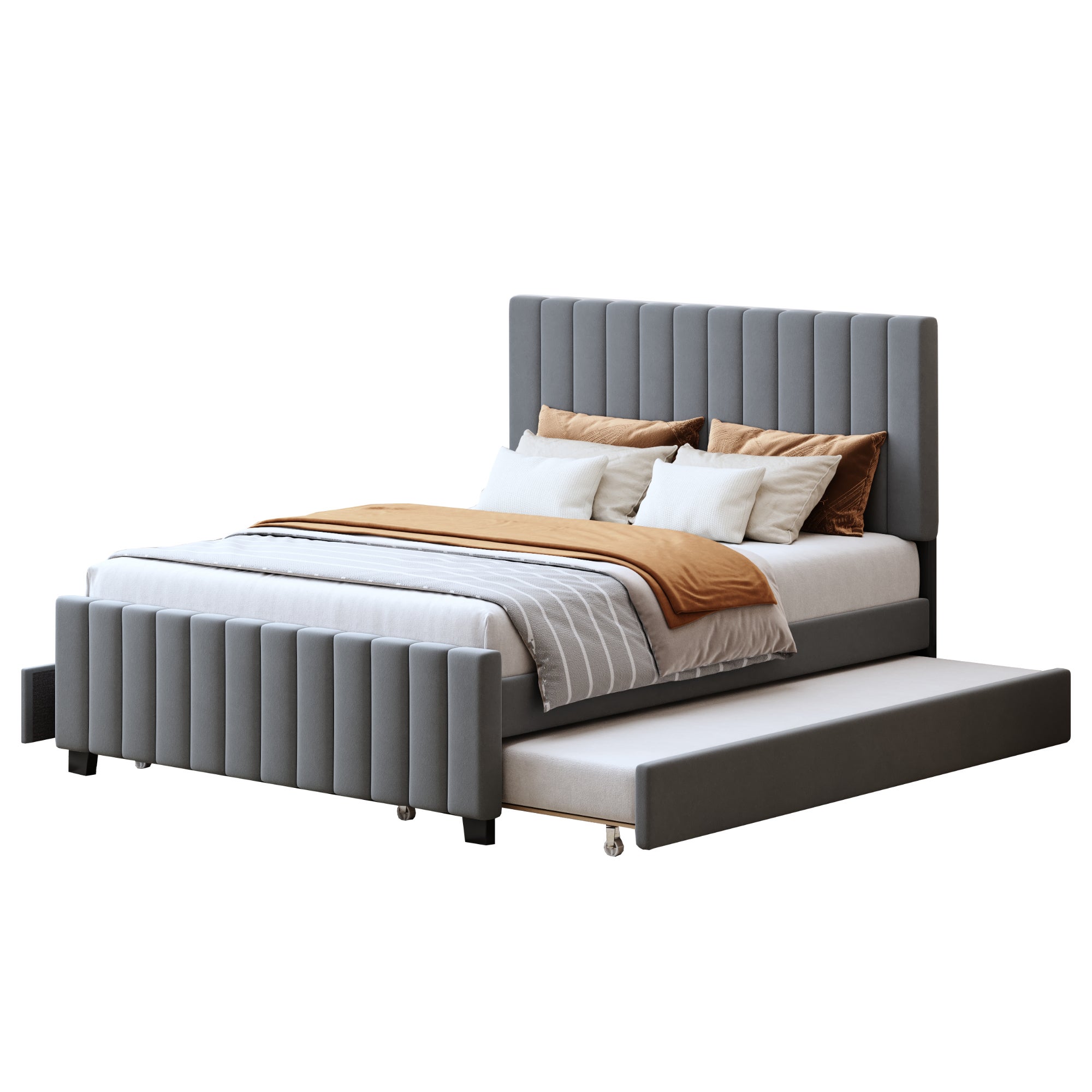 Lit gigogne 140 x 190 cm lit capitonné avec 2 tiroirs, velours, gris, sans matelas - 8