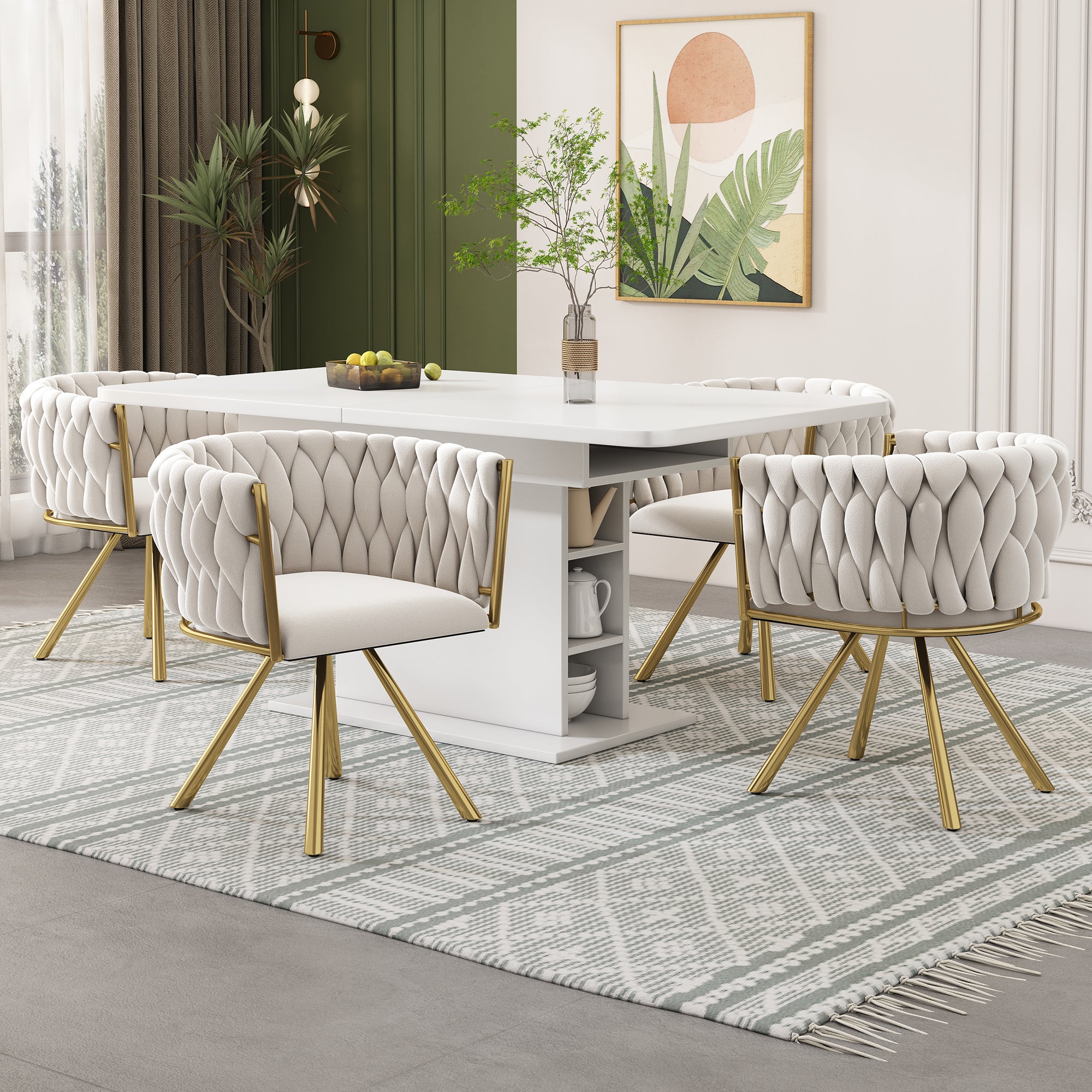 Zestaw 4 krzeseł obrotowych do jadalni z podłokietnikami - 59 x 54 x 72 cm - Aksamit - Beż + złoto