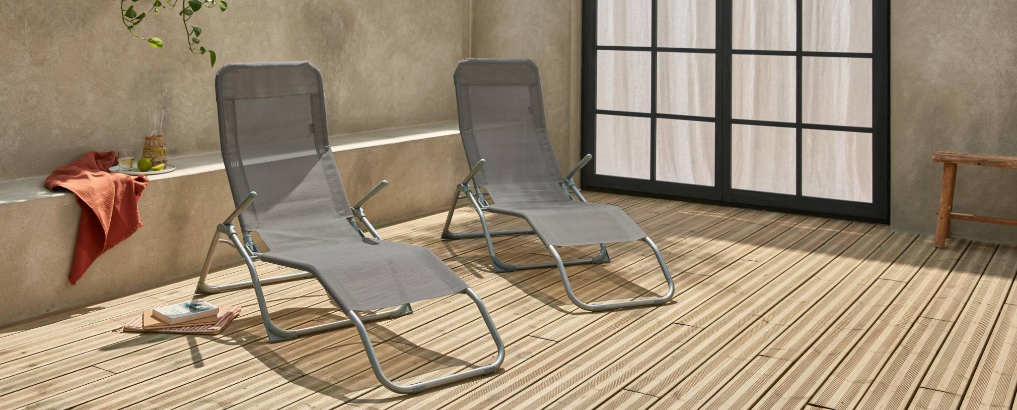 Tumbona plegable de textileno con 2 posiciones, set de 2 Antracita - 57x168x93 cm - 4