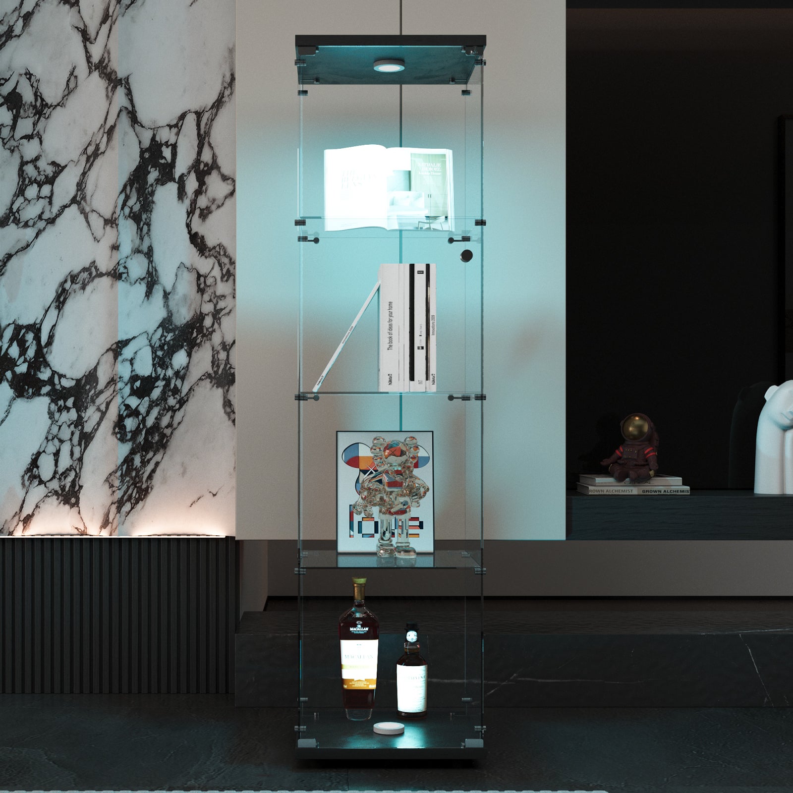 Vitrine pour collection, Vitrine en Verre, Transparent LED Vitrine moderne en verre 4 Couches avec 1 Porte, pour salon et chambre à coucher, bureau - 3