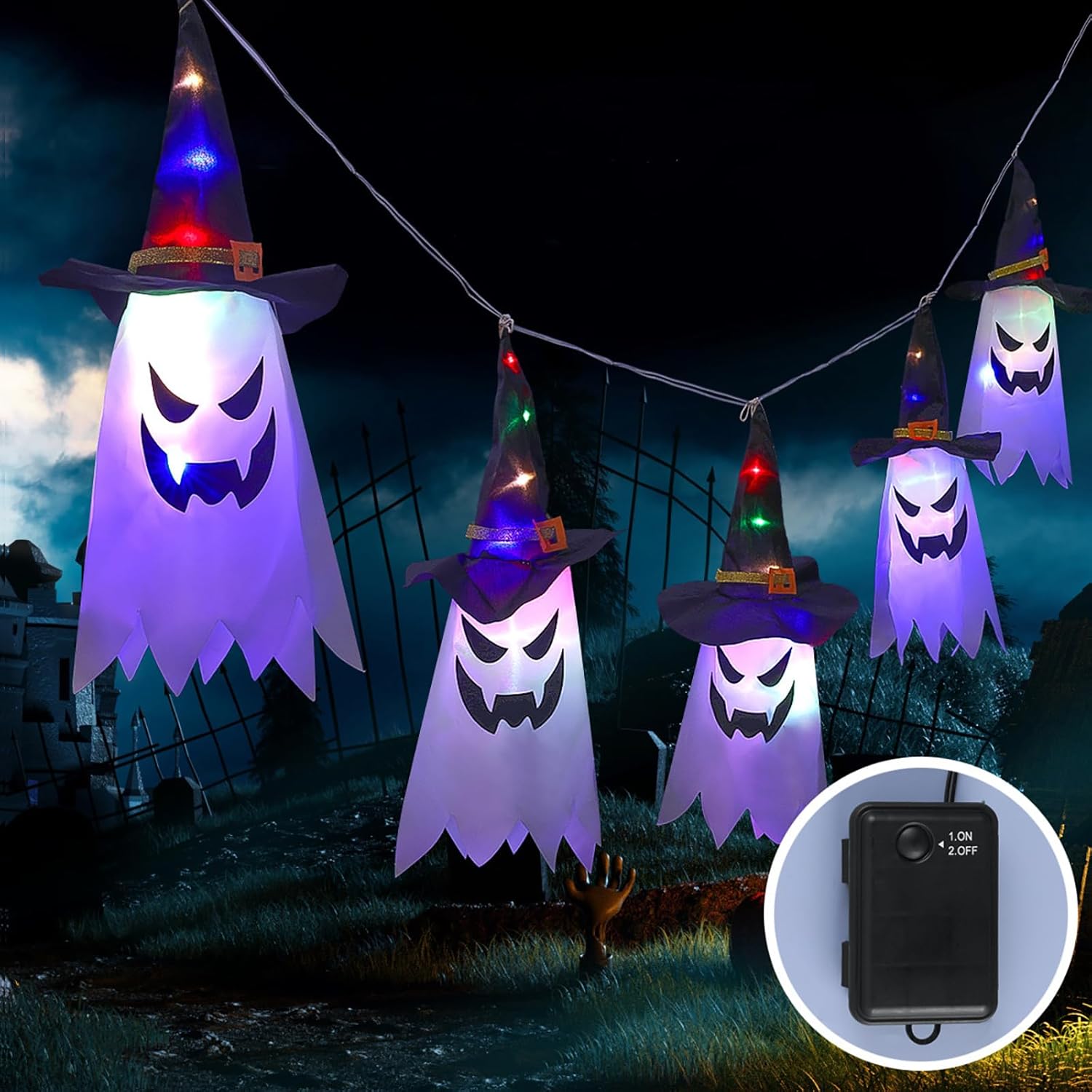 5 Duchów Halloween do Powieszenia z Kapeluszami – 10 LED, Dekoracja Tarasu, Impreza, Ogród, Upiorna Atmosfera