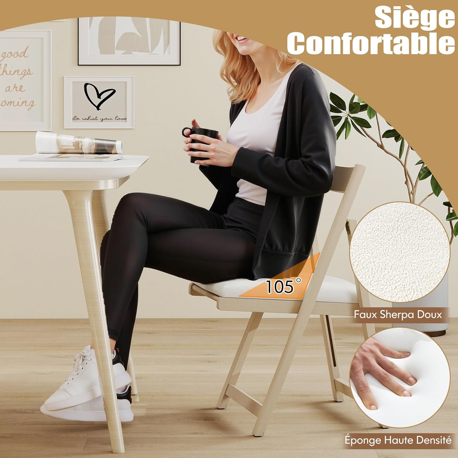 Lot de 2 Chaise Pliante avec Dossier Courbé, Chaises de Salle à Manger Rembourrées, Structure en Bois de Caoutchouc, pour Salon, Charge 150 kg, Beige - 5