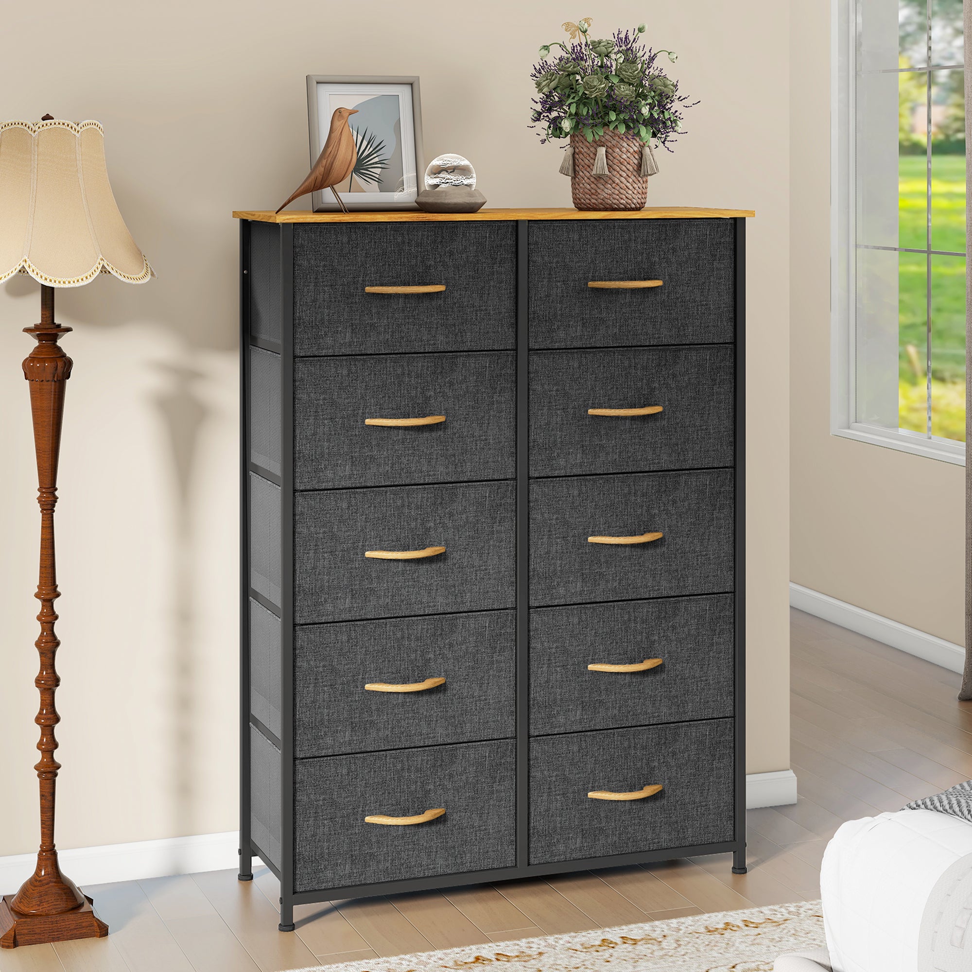 YITAHOME Commode pour Chambre à Coucher, Commode à 5 Tiroirs en Tissu Meuble de Rangement avec Dessus en Bois et Grand Espace de Rangement Chambre à Coucher, Salon, Chambre d'enfant, Gris foncé