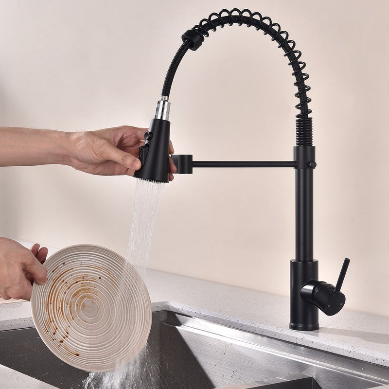 Grifo de cocina con ducha extraíble 4 modos con muelle mezclador negro latón giratorio 360°