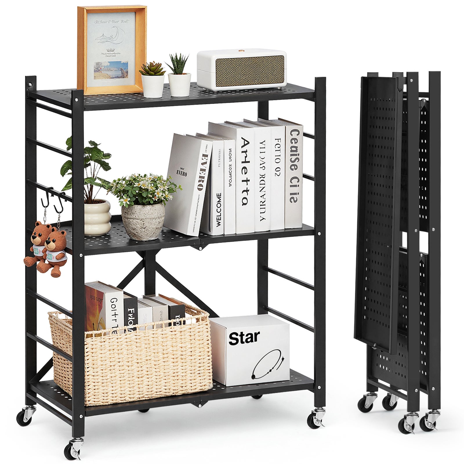 Regal skladany mobilny VEVOR 3 poziomy stal Q235A waski na kolkach 258 kg statycznie do magazynu sklepu