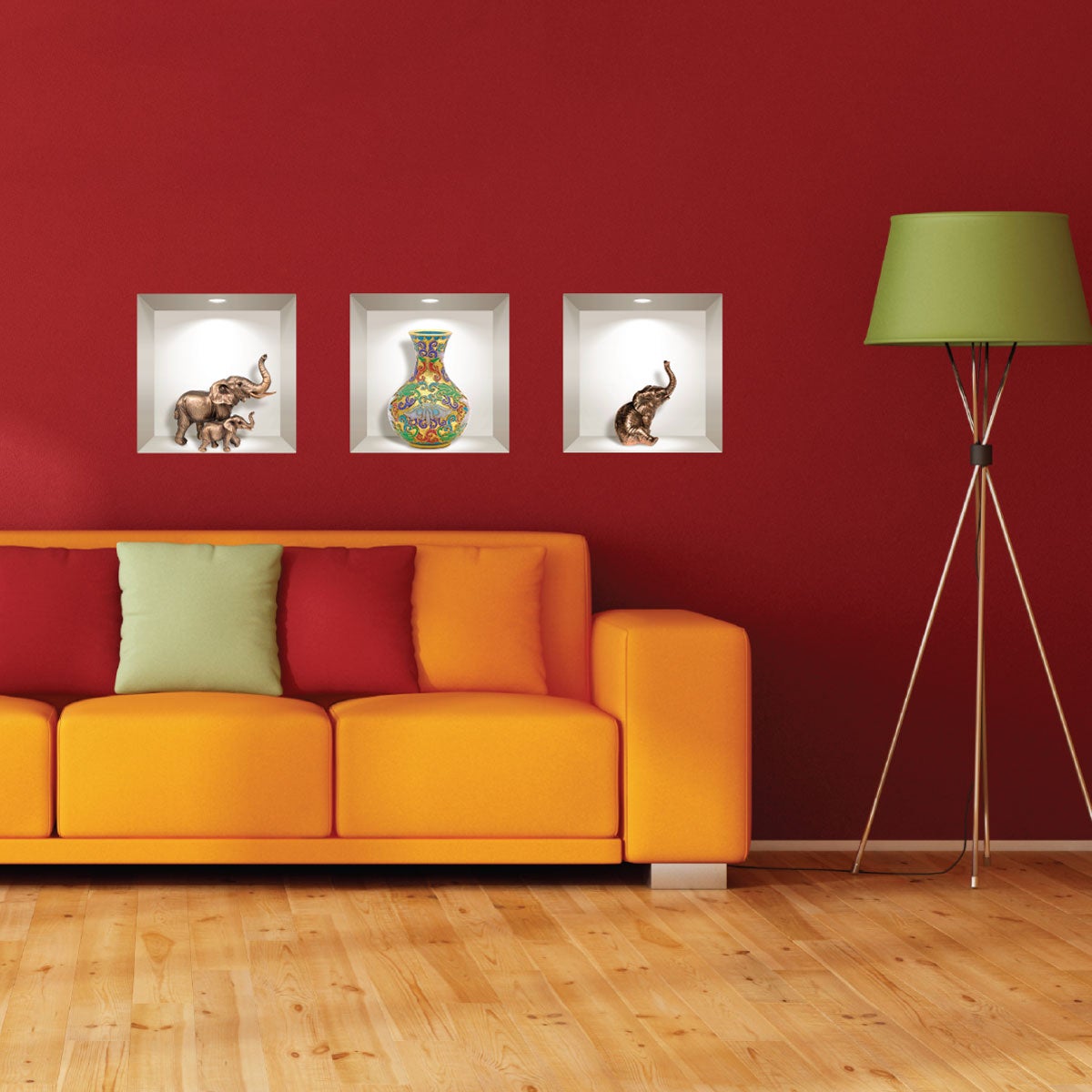 Vinilo 3D elefantes y jarrón viejo - adhesivo de pared - revestimiento sticker mural decorativo - 30x90cm - 3