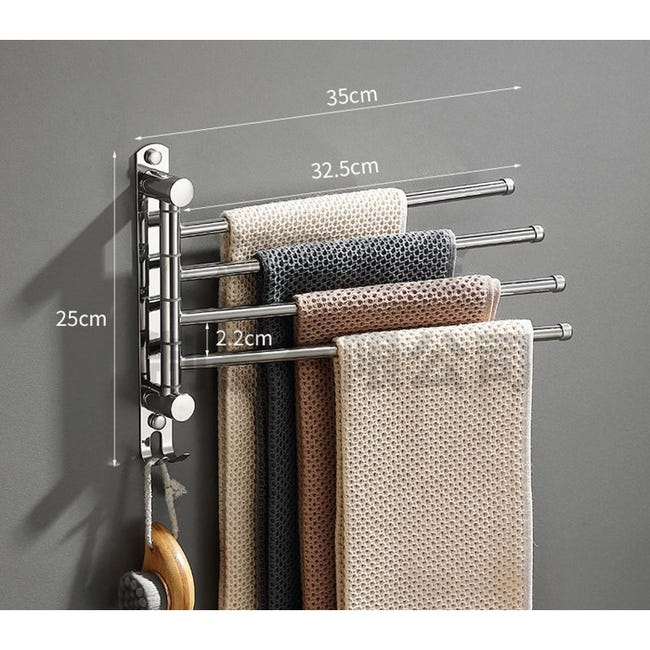Porte-serviettes Mural Extensible 28-50 Cm - 3 Bras Rotatifs 180° Acier Inox SUS304 - Pour Salle De Bain, Cuisine